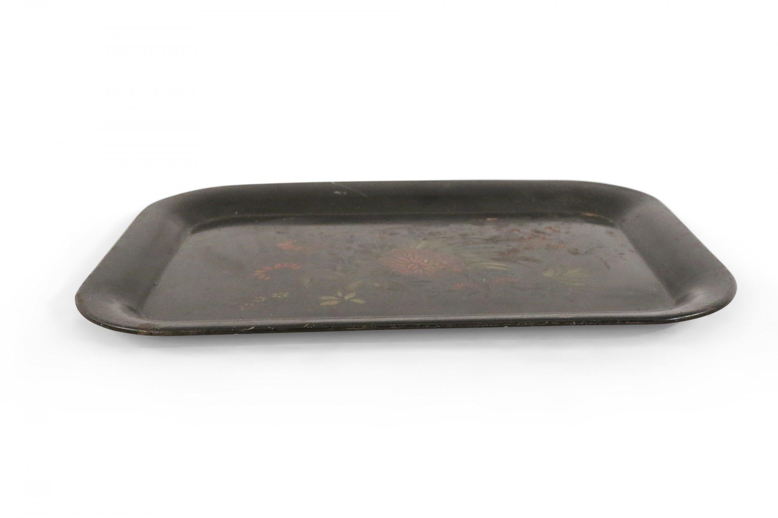 British English Victorian Floral Black Tole Serving Tray For Sale