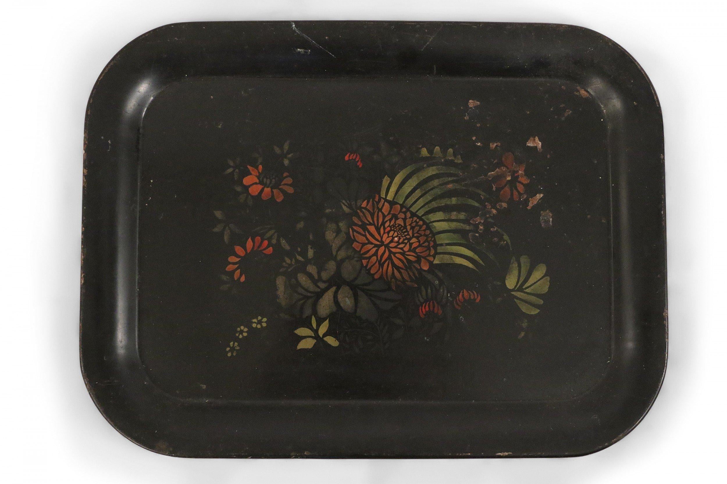 Painted English Victorian Floral Black Tole Serving Tray For Sale
