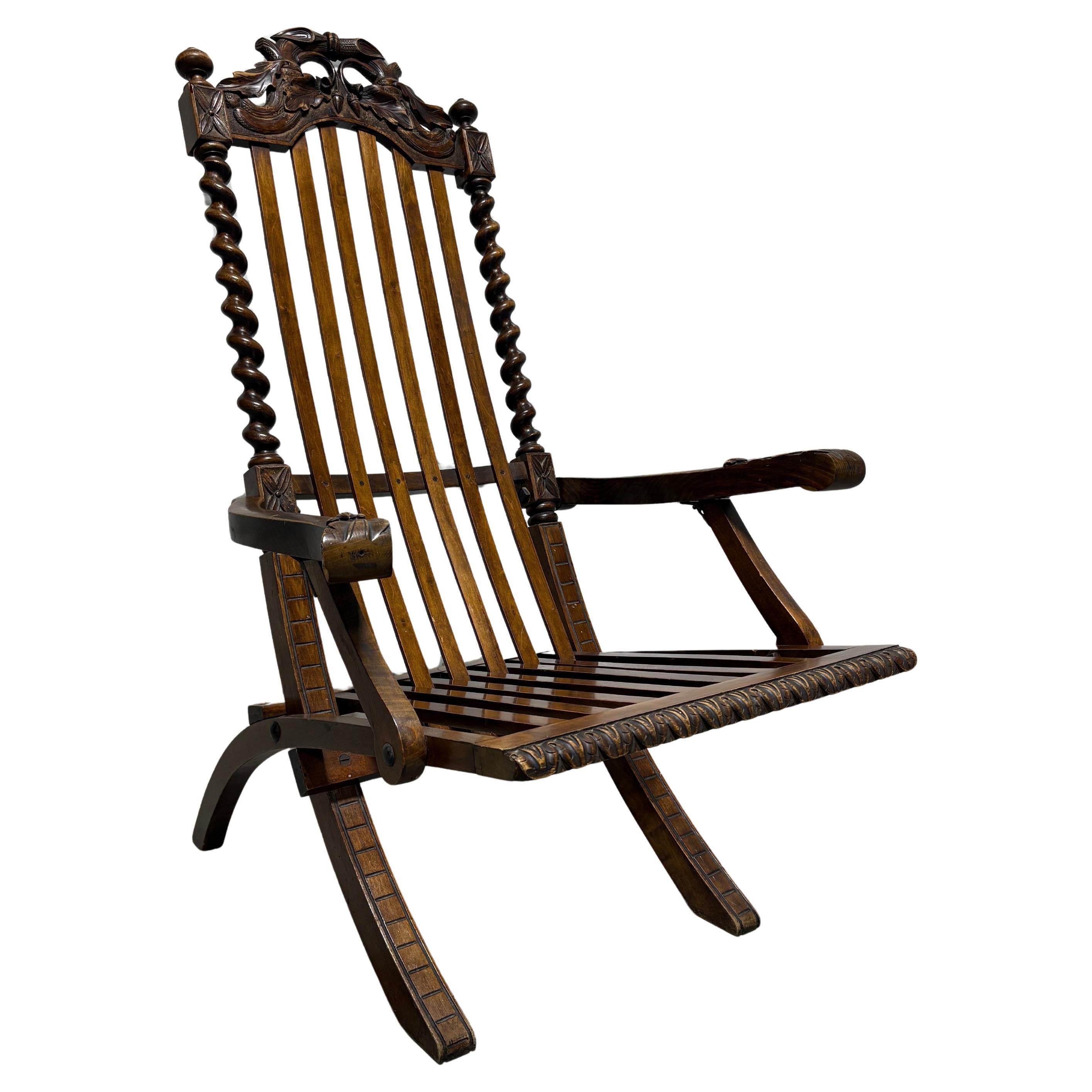 Chaise longue victorienne pliante de campagne, ou Bergère, fin du 19e siècle