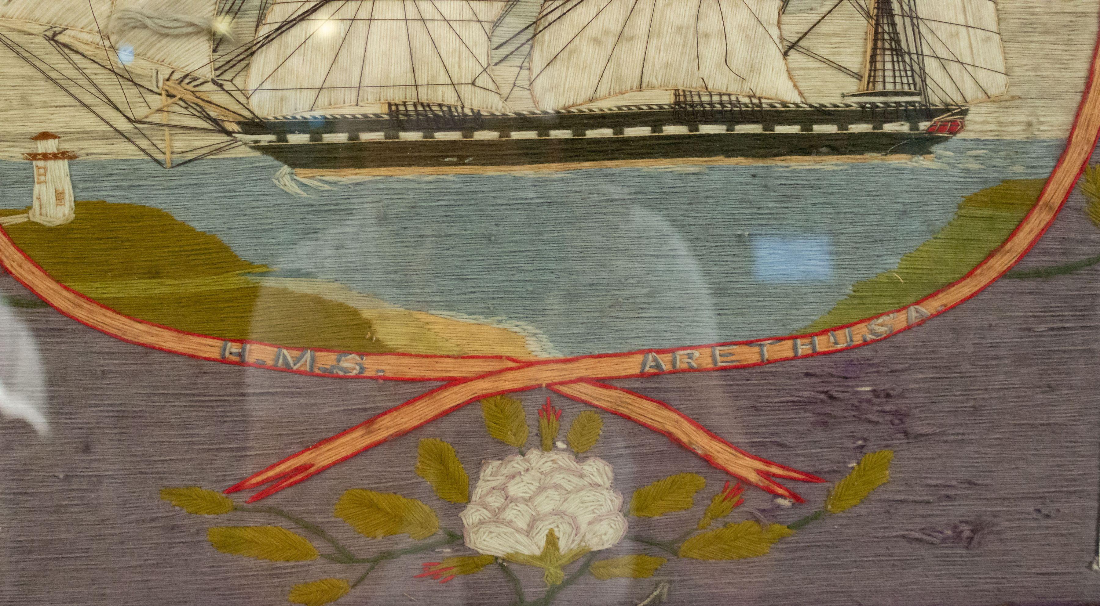 British English Victorian Framed Memorial Naval Ship Embroidery For Sale