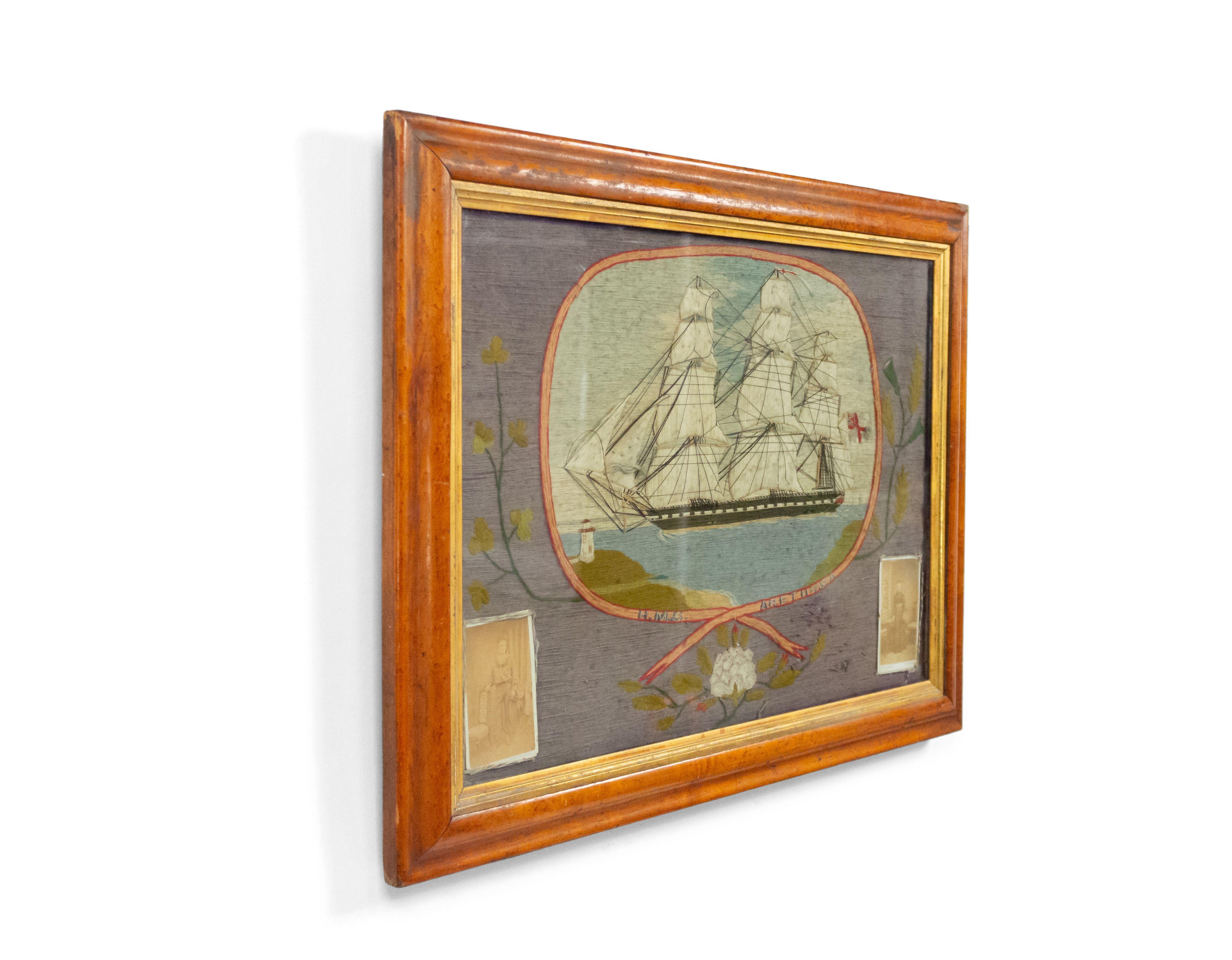 Maple English Victorian Framed Memorial Naval Ship Embroidery For Sale