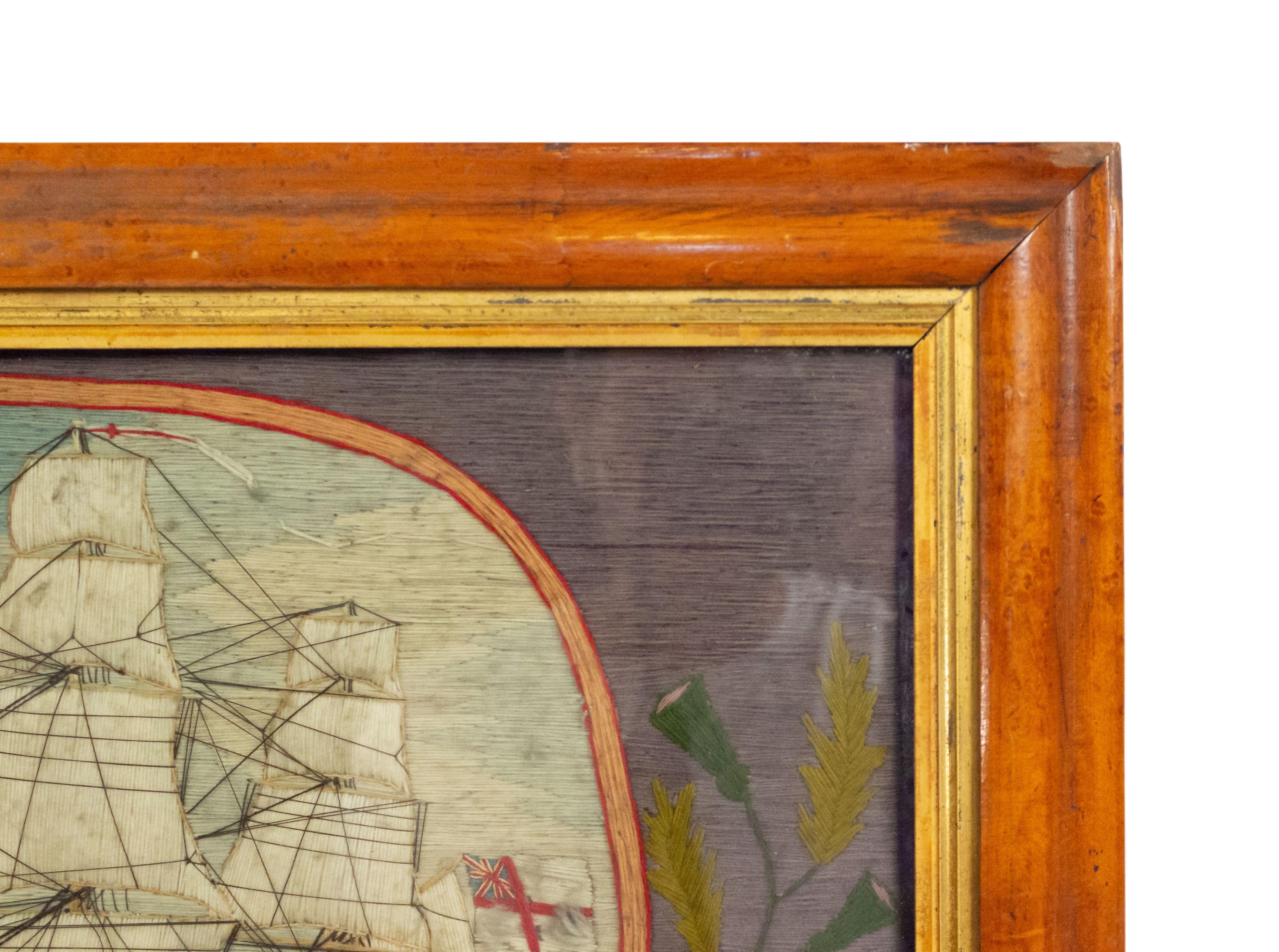 English Victorian Framed Memorial Naval Ship Embroidery For Sale 1