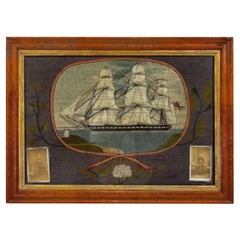English Victorian Framed Memorial Naval Ship Embroidery