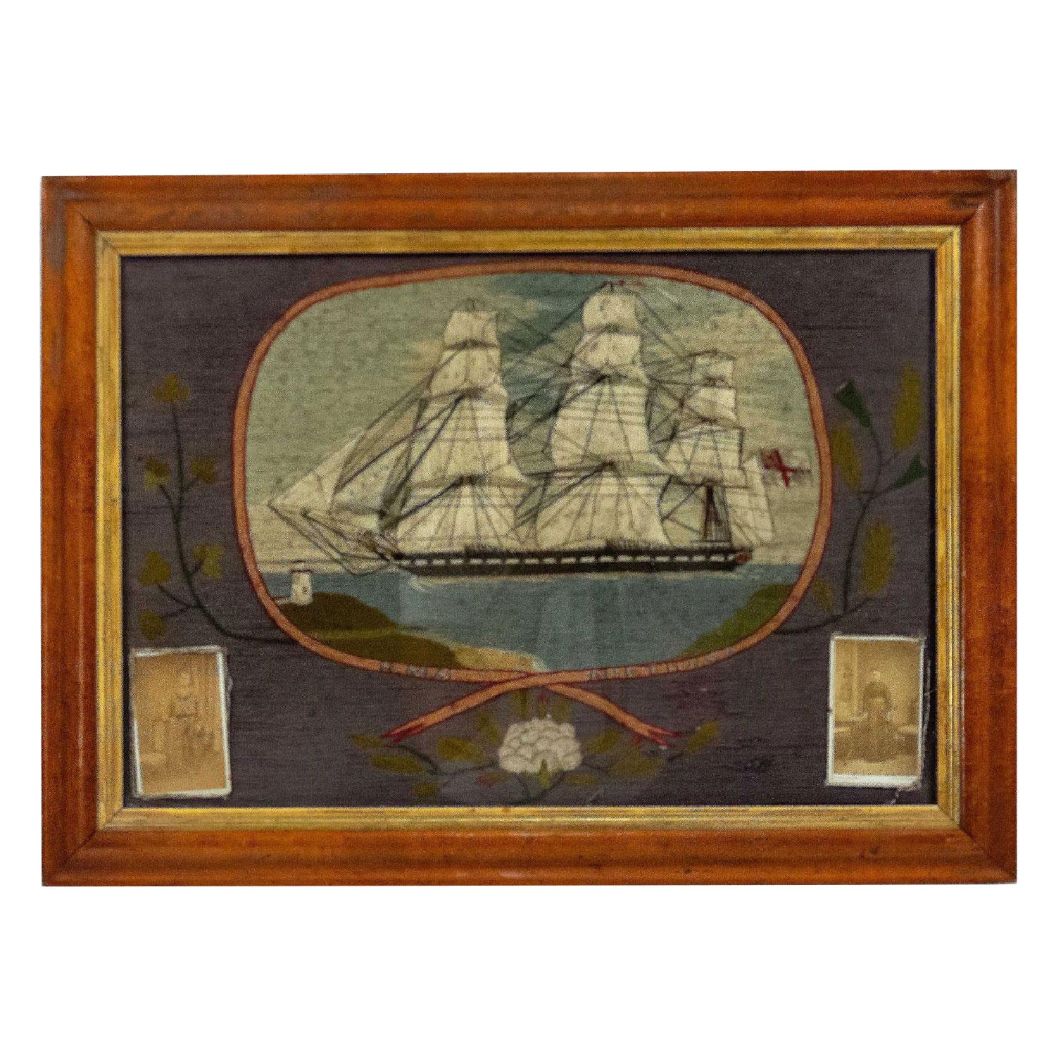 English Victorian Framed Memorial Ship Embroidery