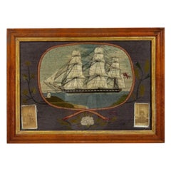 English Victorian Framed Memorial Ship Embroidery