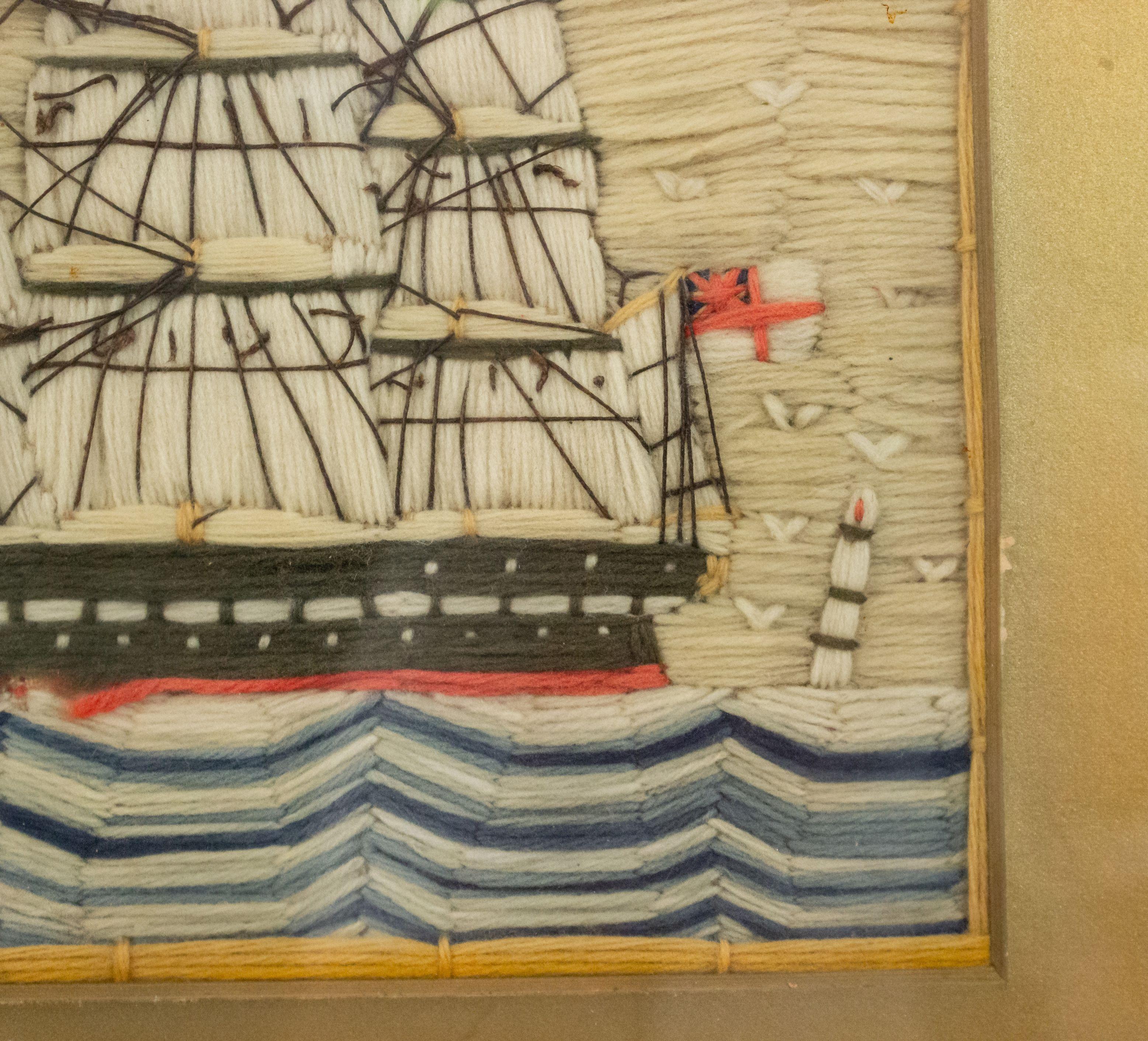 Embroidered English Victorian Framed Ship Embroidery For Sale