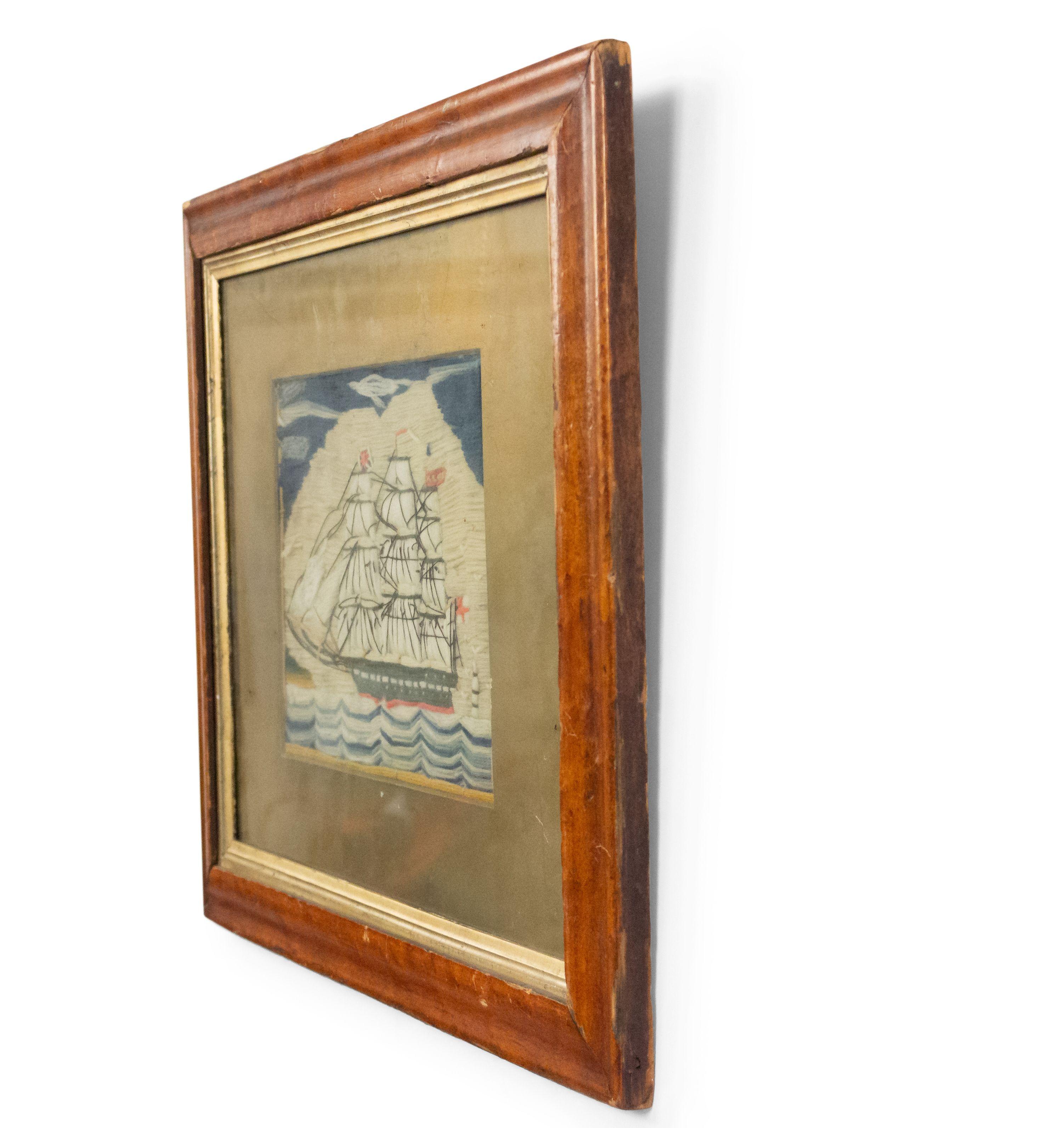 English Victorian Framed Ship Embroidery In Good Condition For Sale In New York, NY