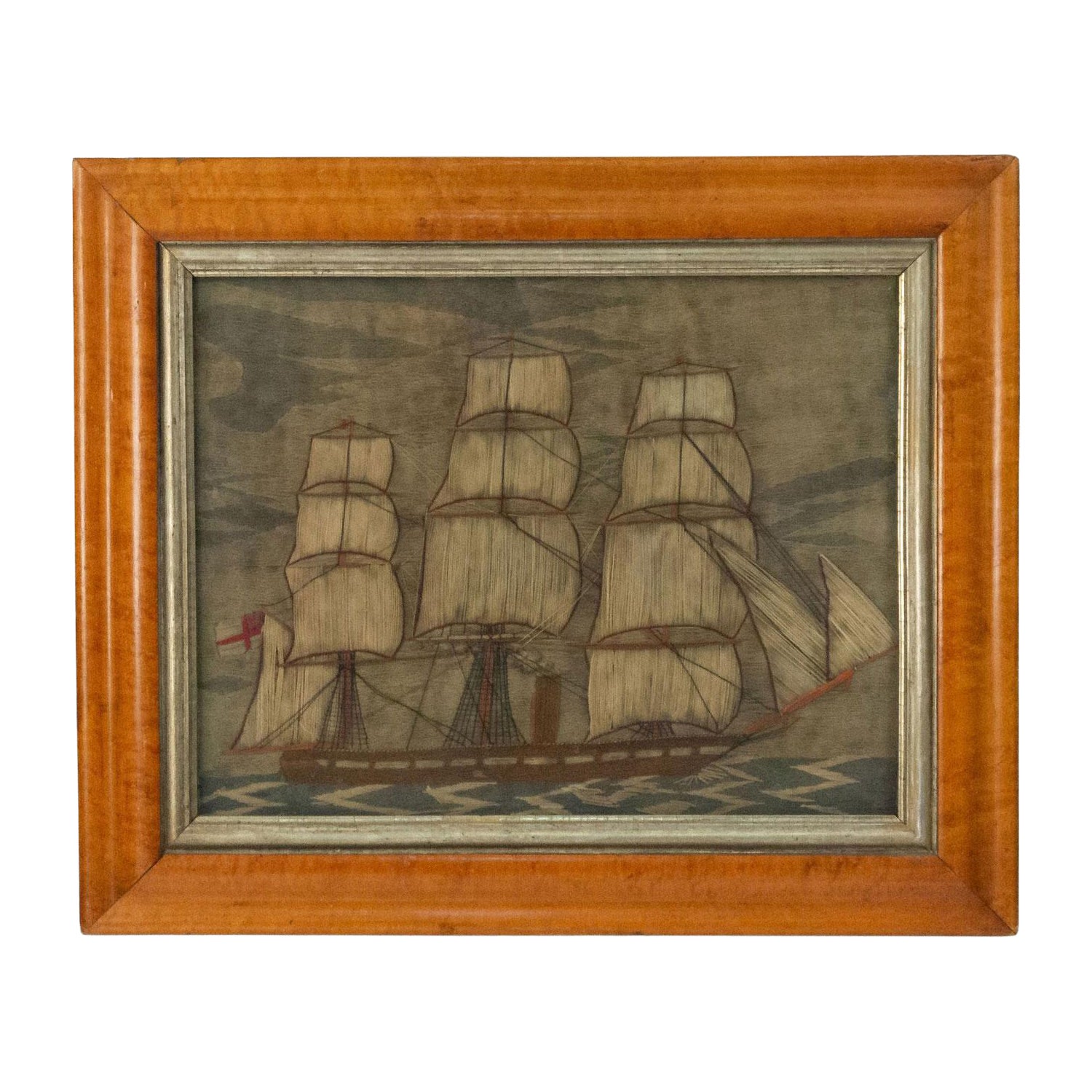 English Victorian Framed Ship Embroidery im Angebot