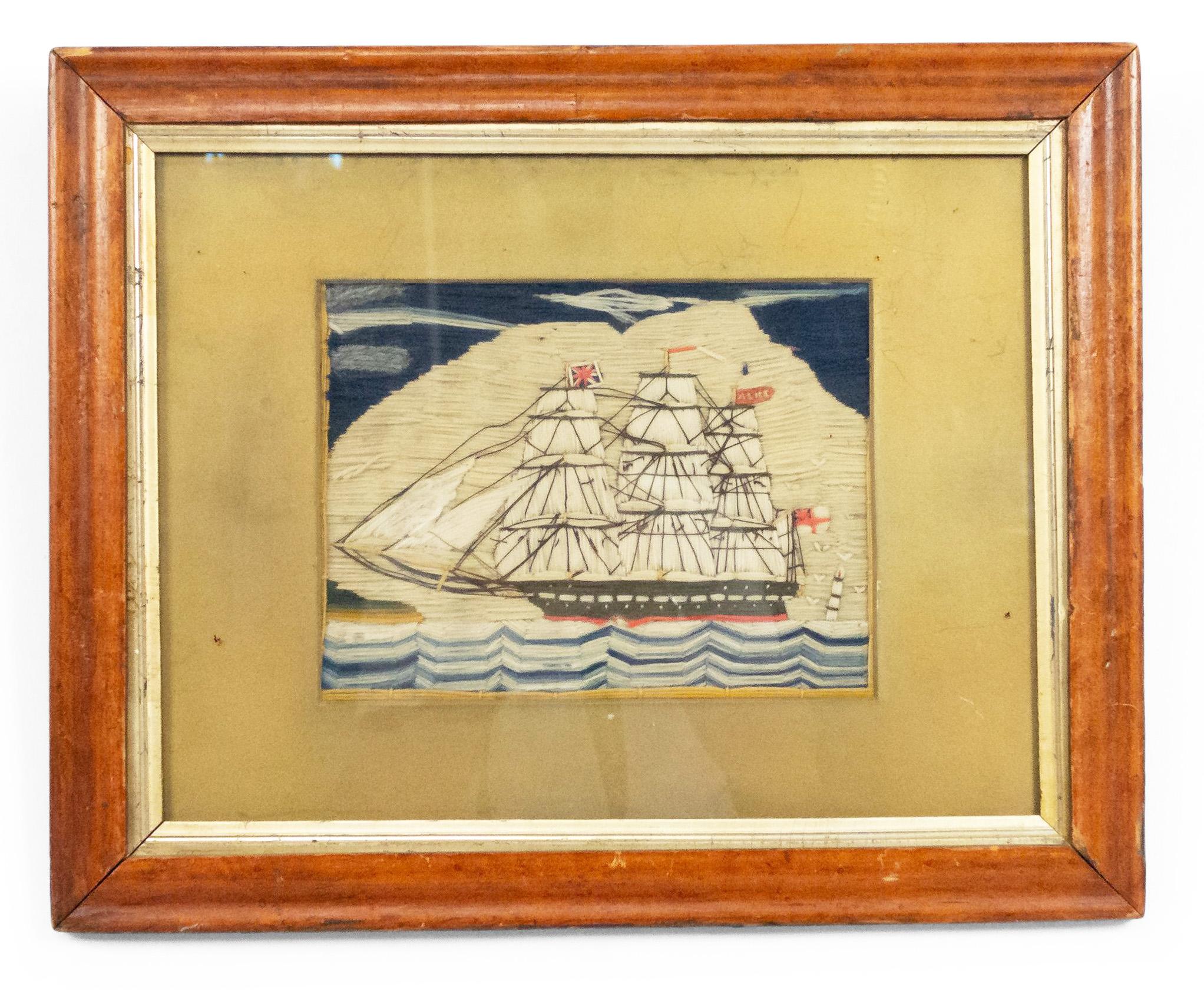 English Victorian Framed Ship Embroidery