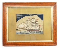 Vintage English Victorian Framed Ship Embroidery
