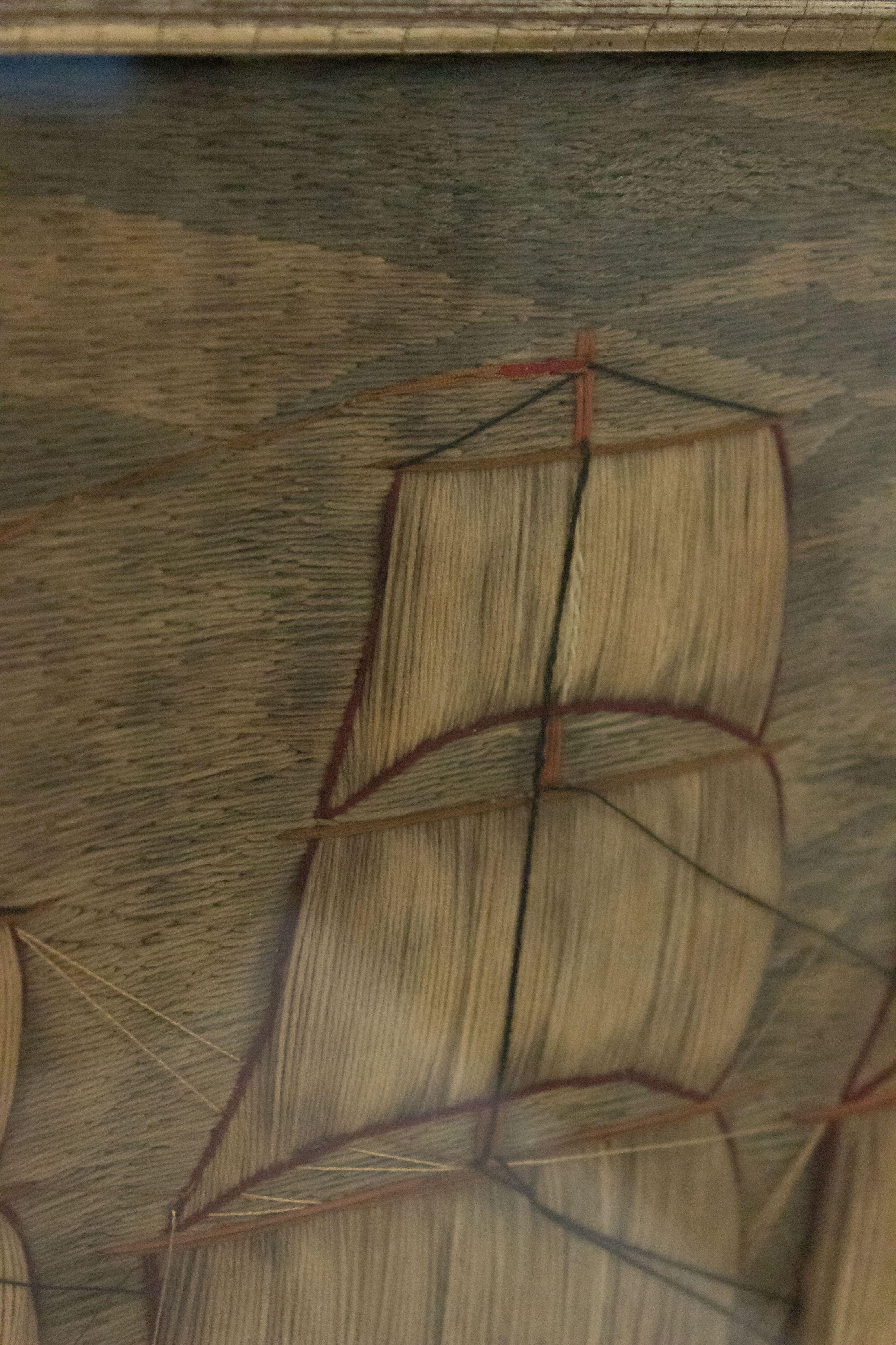 Englische viktorianische gerahmte nautische Schiffsstickerei aus Wolle, viktorianisch (Viktorianisch) im Angebot