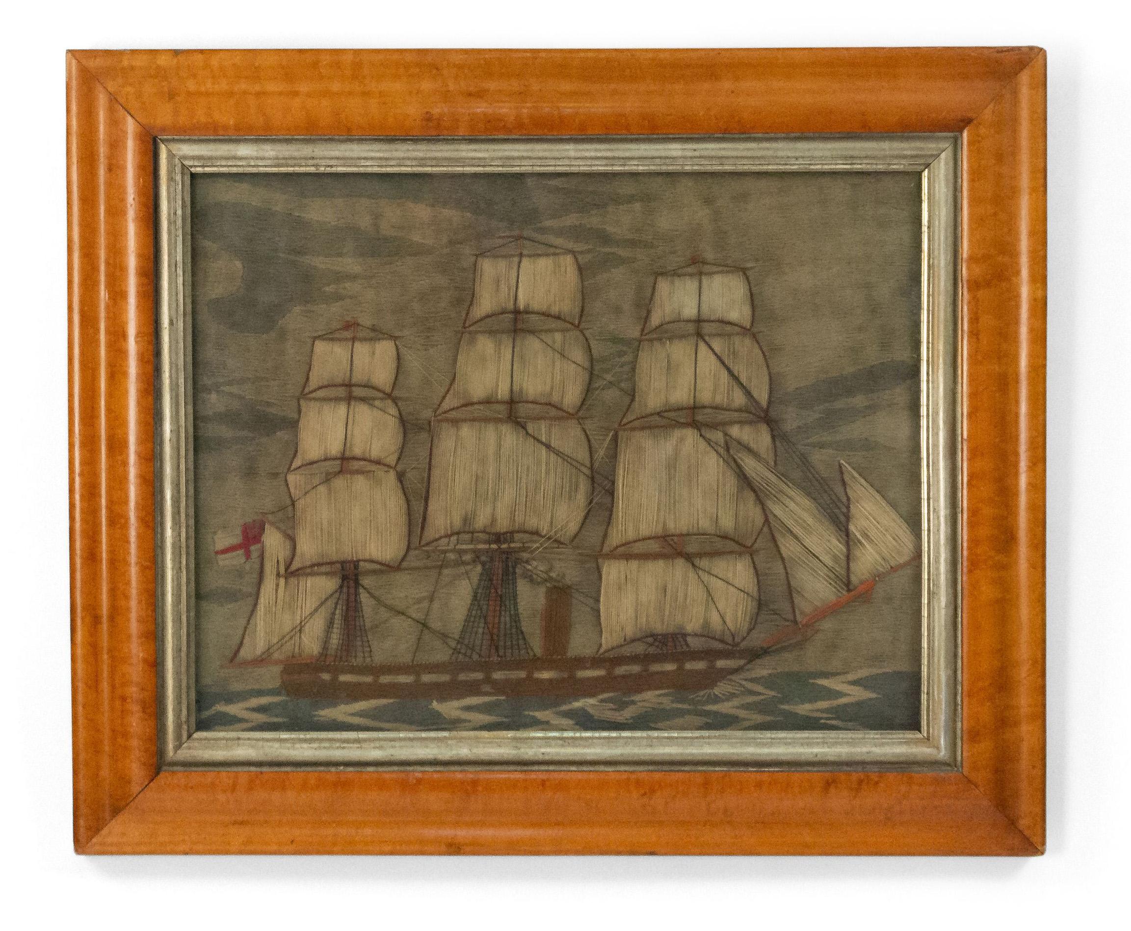 19th Century English Victorian Framed Woolwork Nautical Ship Embroidery For Sale