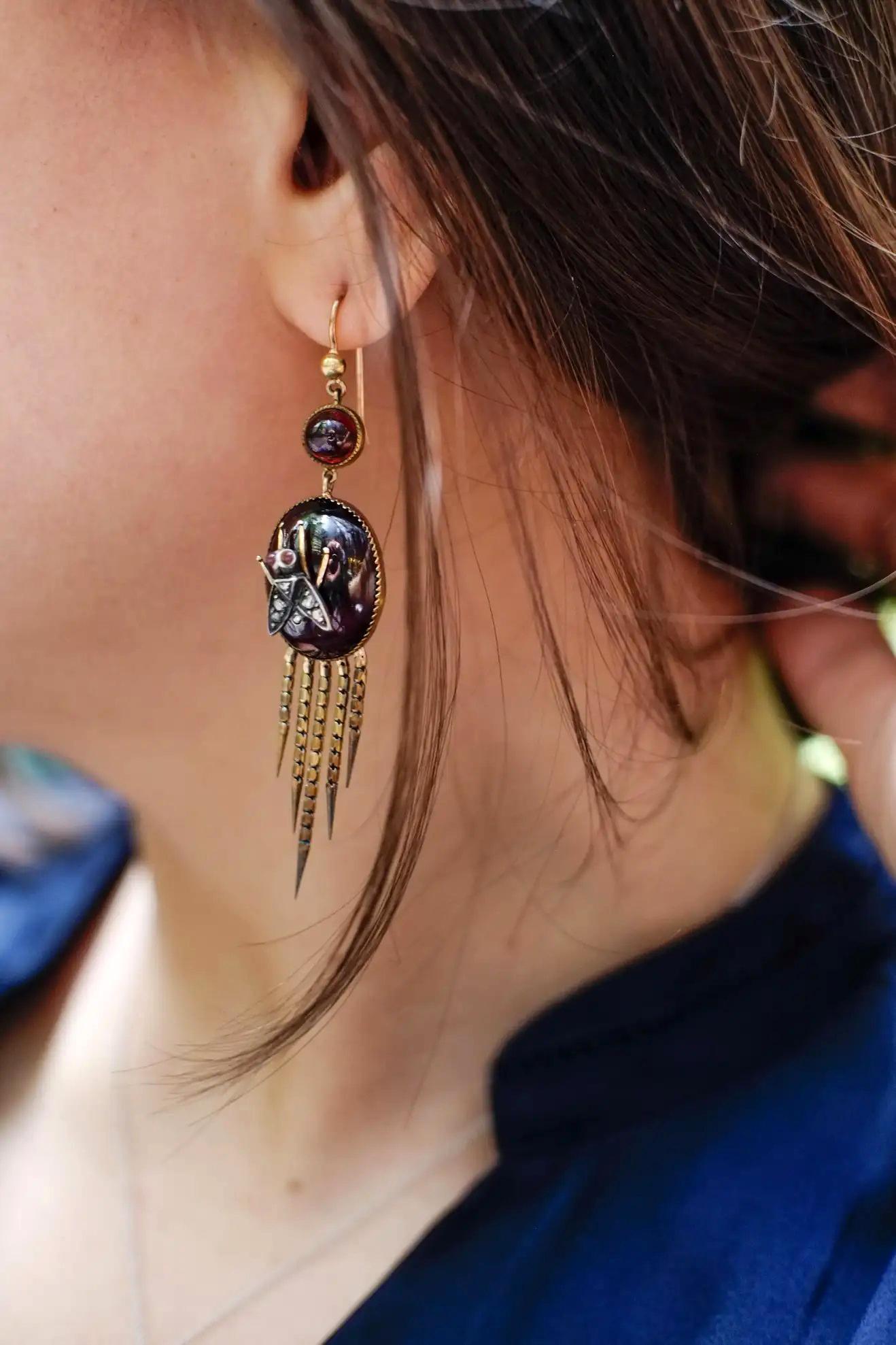 English Victorian Fringed Earrings with Garnet and Diamonds 3