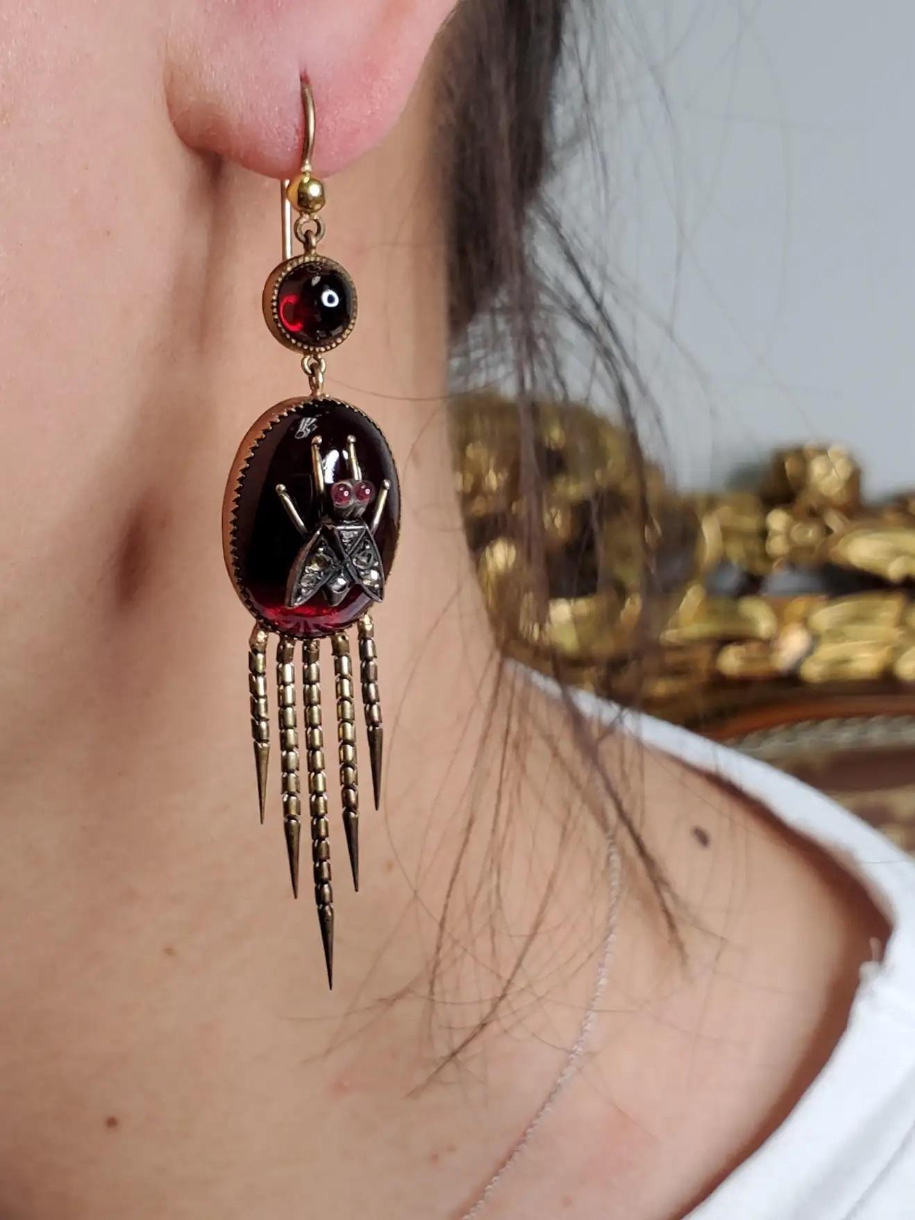 Oval Cut English Victorian Fringed Earrings with Garnet and Diamonds