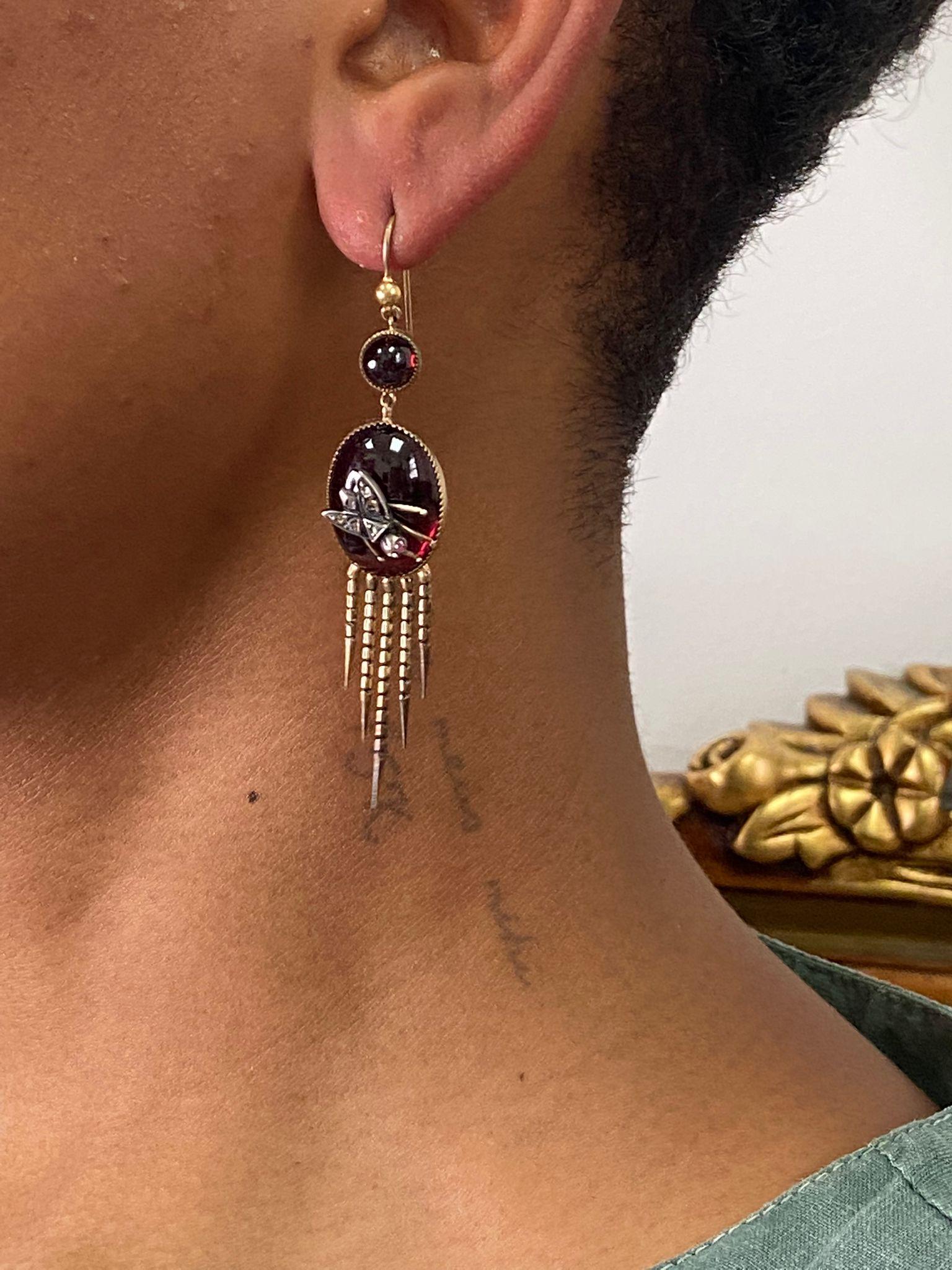 Women's English Victorian Fringed Earrings with Garnet and Diamonds