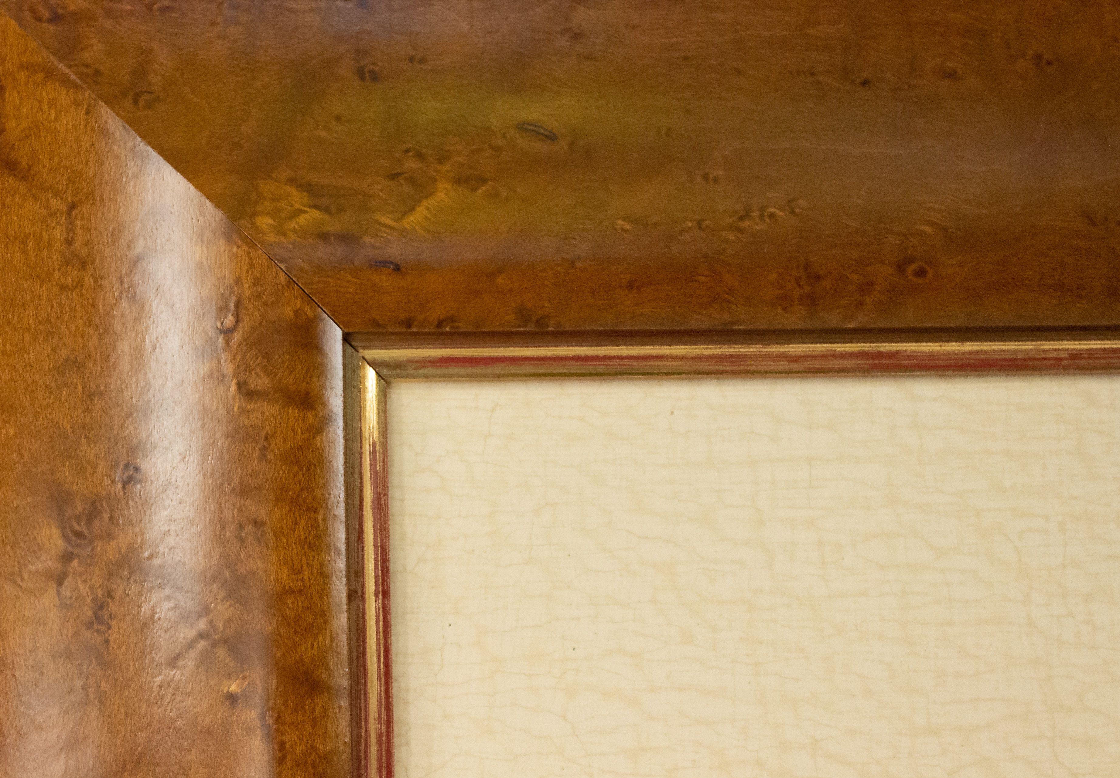 English Victorian style (modern) birds eye maple and gilt trimmed framed oil painting of a fruit tree in porcelain jardiniere Sold AS IS.  (See related items for full set)