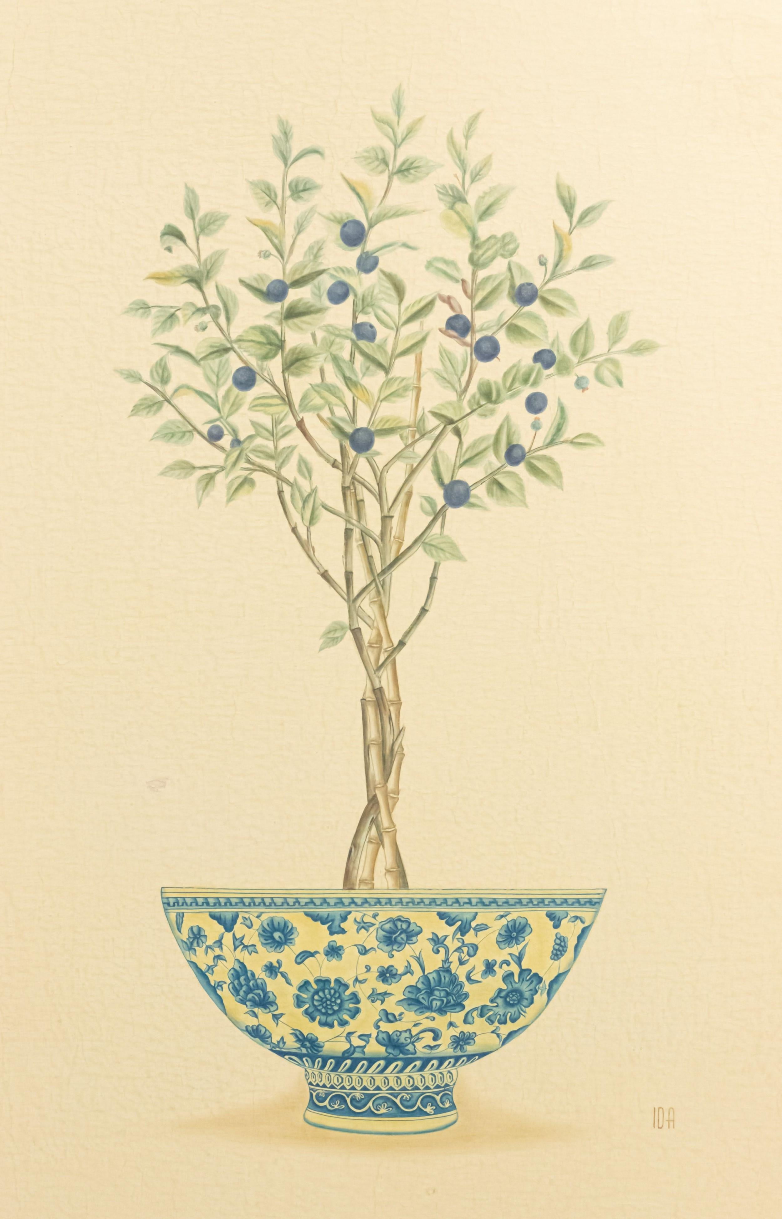 English Victorian style (modern) birds eye maple and gilt trimmed framed oil painting of a fruit tree in porcelain jardiniere Sold AS IS.  (See related items for full set)