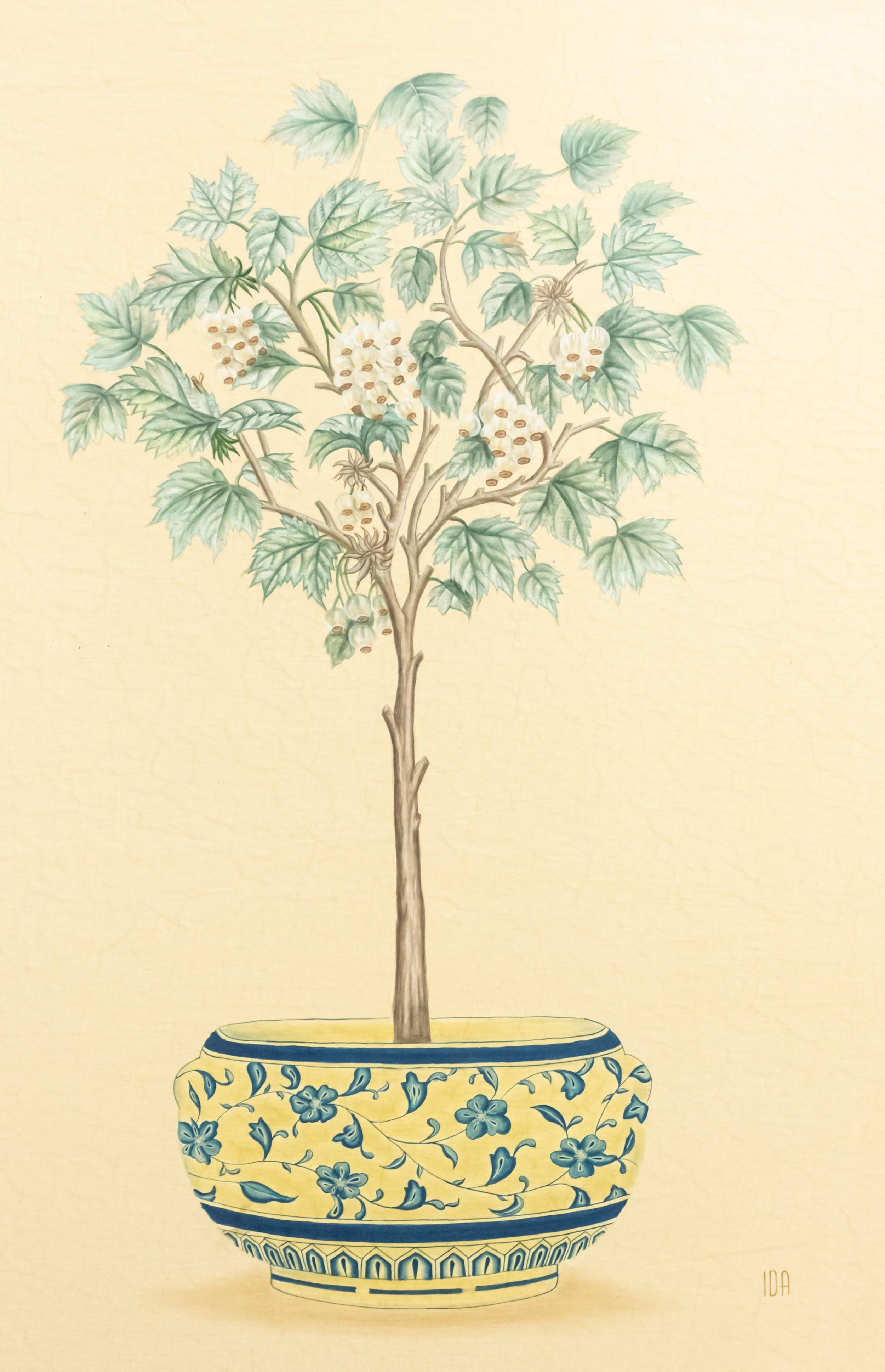 English Victorian style (modern) birds eye maple and gilt trimmed framed oil painting of a fruit tree in porcelain jardiniere Sold AS IS.  (See related items for full set)
