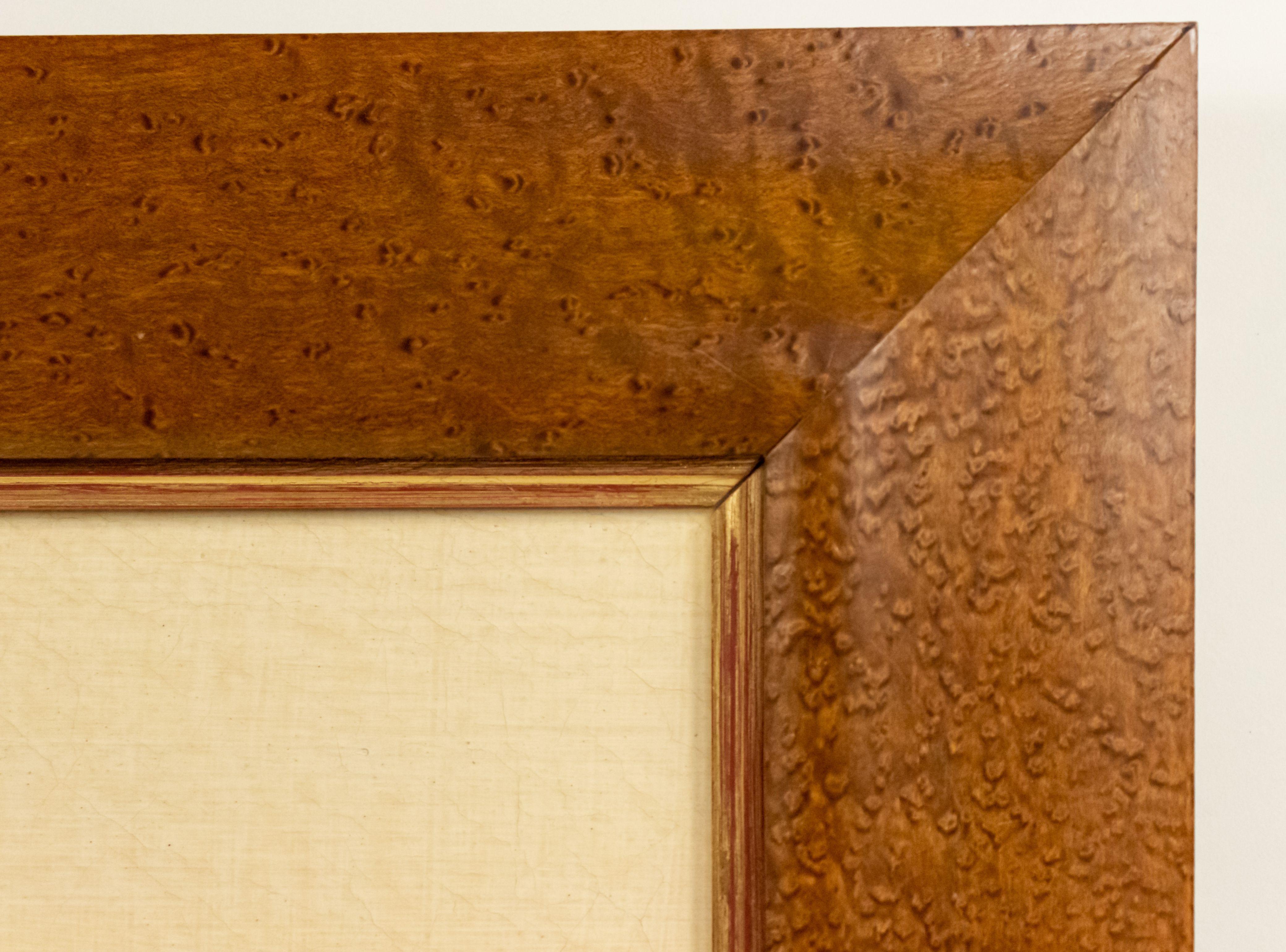 English Victorian style (modern) birds eye maple and gilt trimmed framed oil painting of a fruit tree in porcelain jardiniere Sold AS IS.  (See related items for full set)