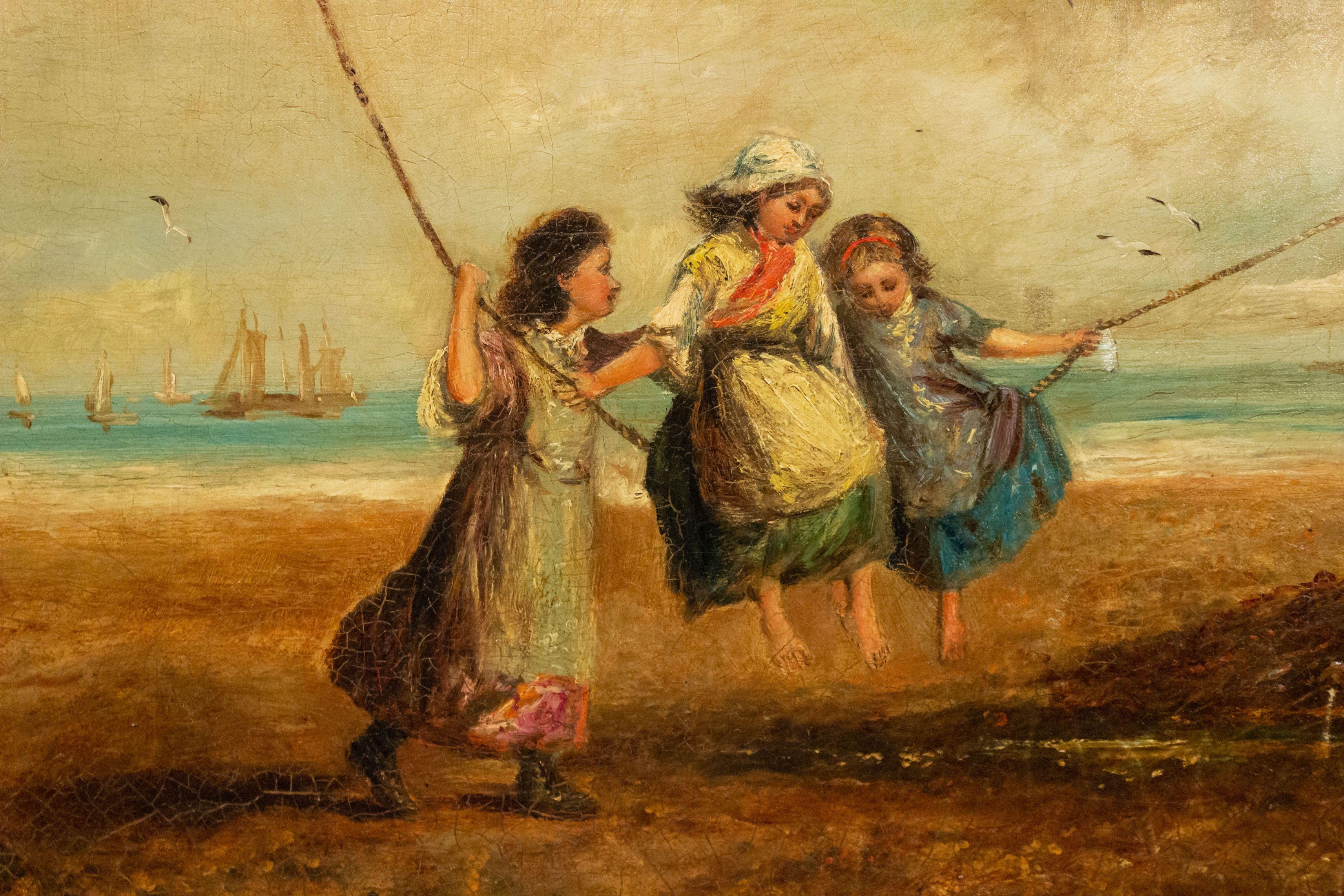 British English Victorian Genre Oil Painting of Three Girls Swinging from a Boat Rope For Sale