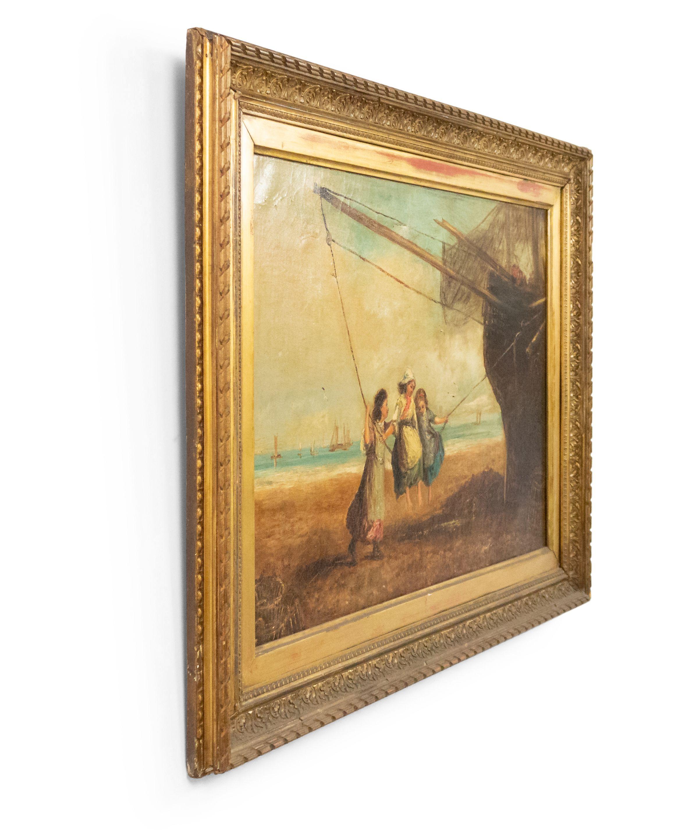 English Victorian Genre Oil Painting of Three Girls Swinging from a Boat Rope In Good Condition For Sale In New York, NY