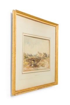 19th Century Victorian Watercolor of Bridge and River, Framed