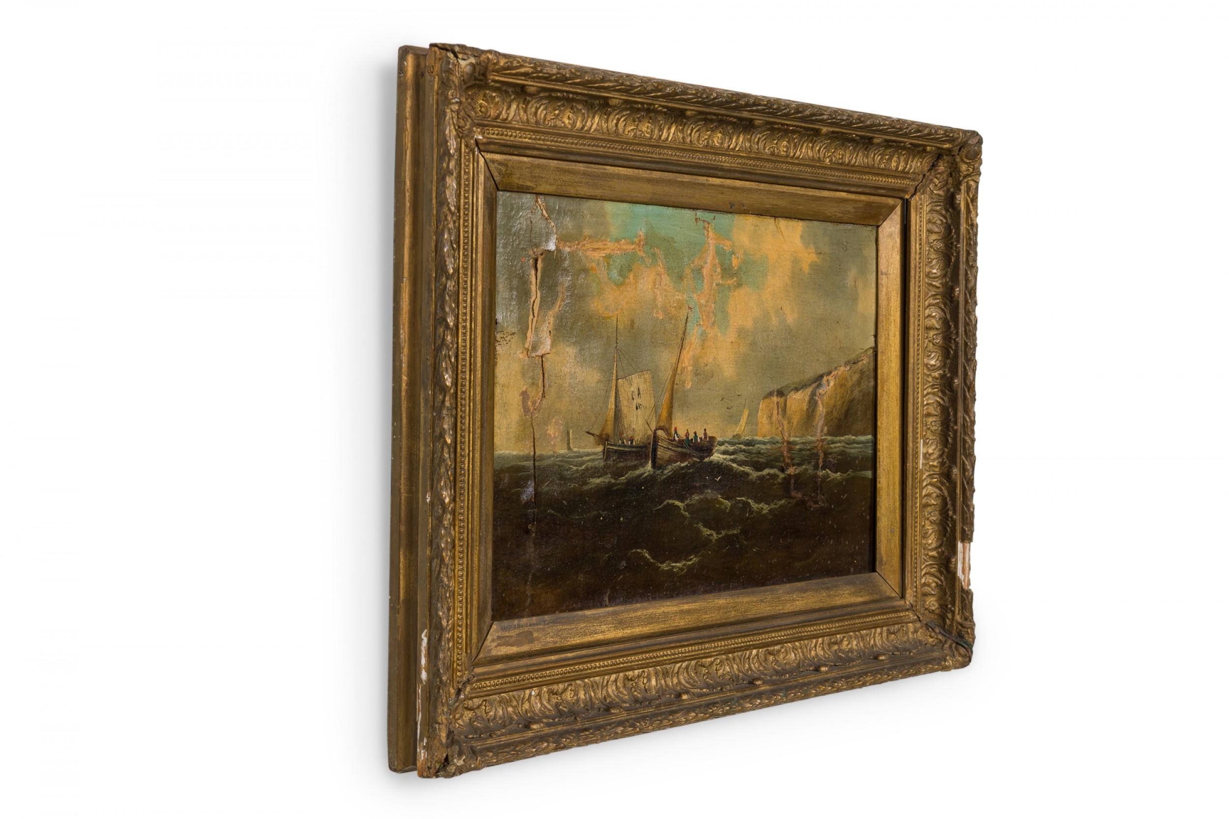 English Victorian carved gilt framed oil seascape painting of 2 boats by white cliffs (Hayes)

Condition:  (Canvas has been patched and repaired, some small holes, cracks and repairs visible. Losses to gilt frame.)