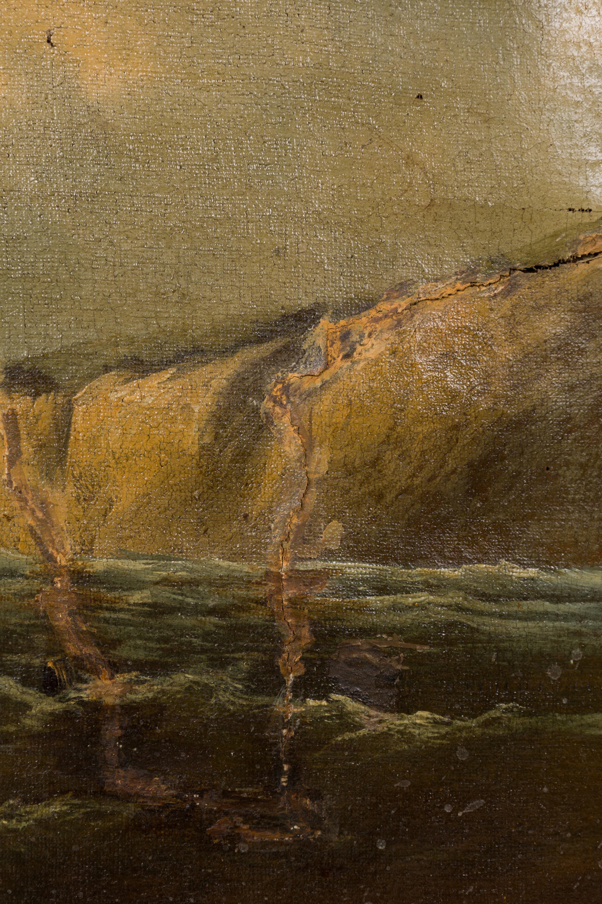 Hand-Carved English Victorian Gilt Framed Seascape Painting Featuring Boats and Cliffs For Sale