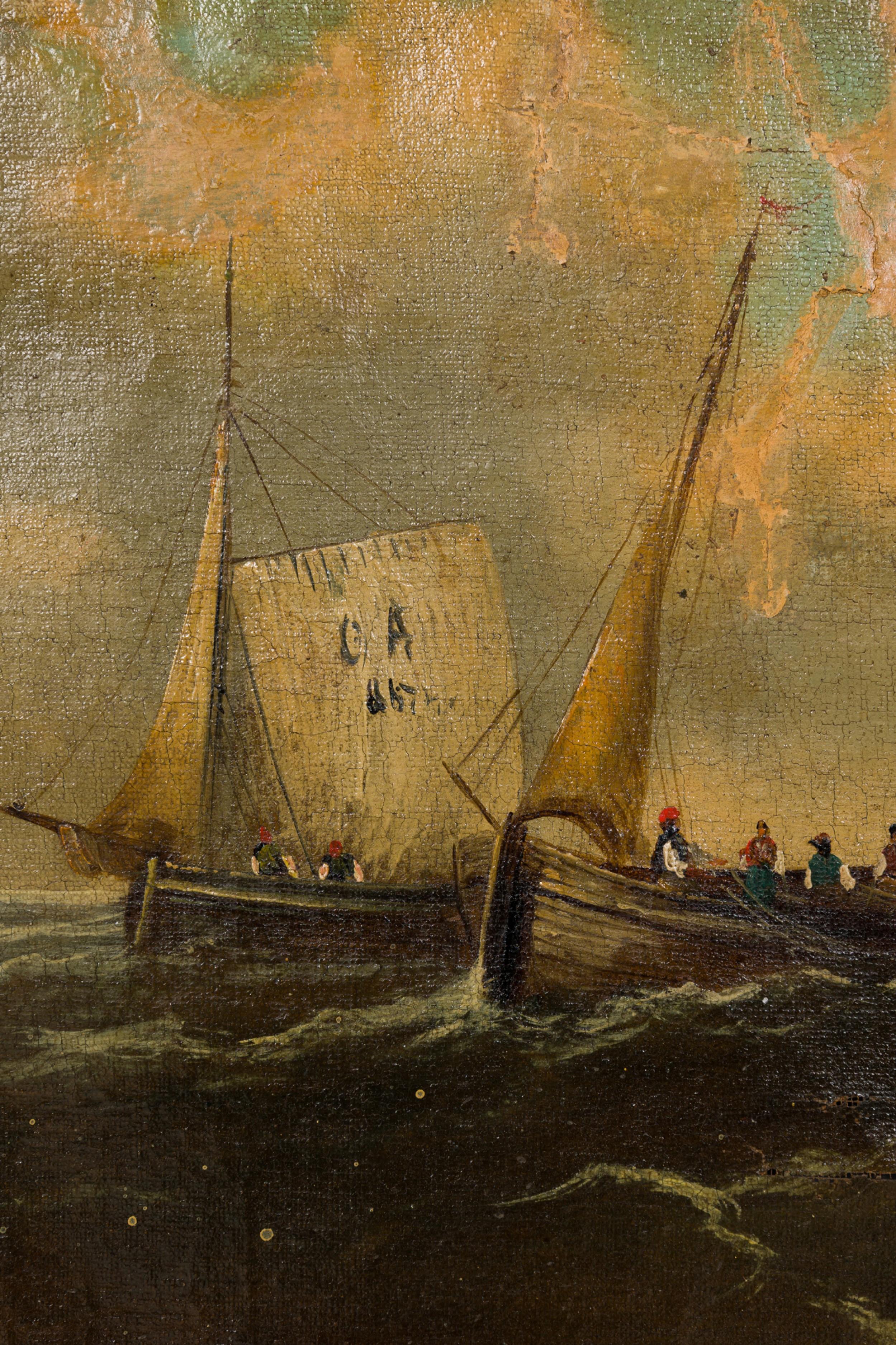 English Victorian Gilt Framed Seascape Painting Featuring Boats and Cliffs In Fair Condition For Sale In Queens, NY