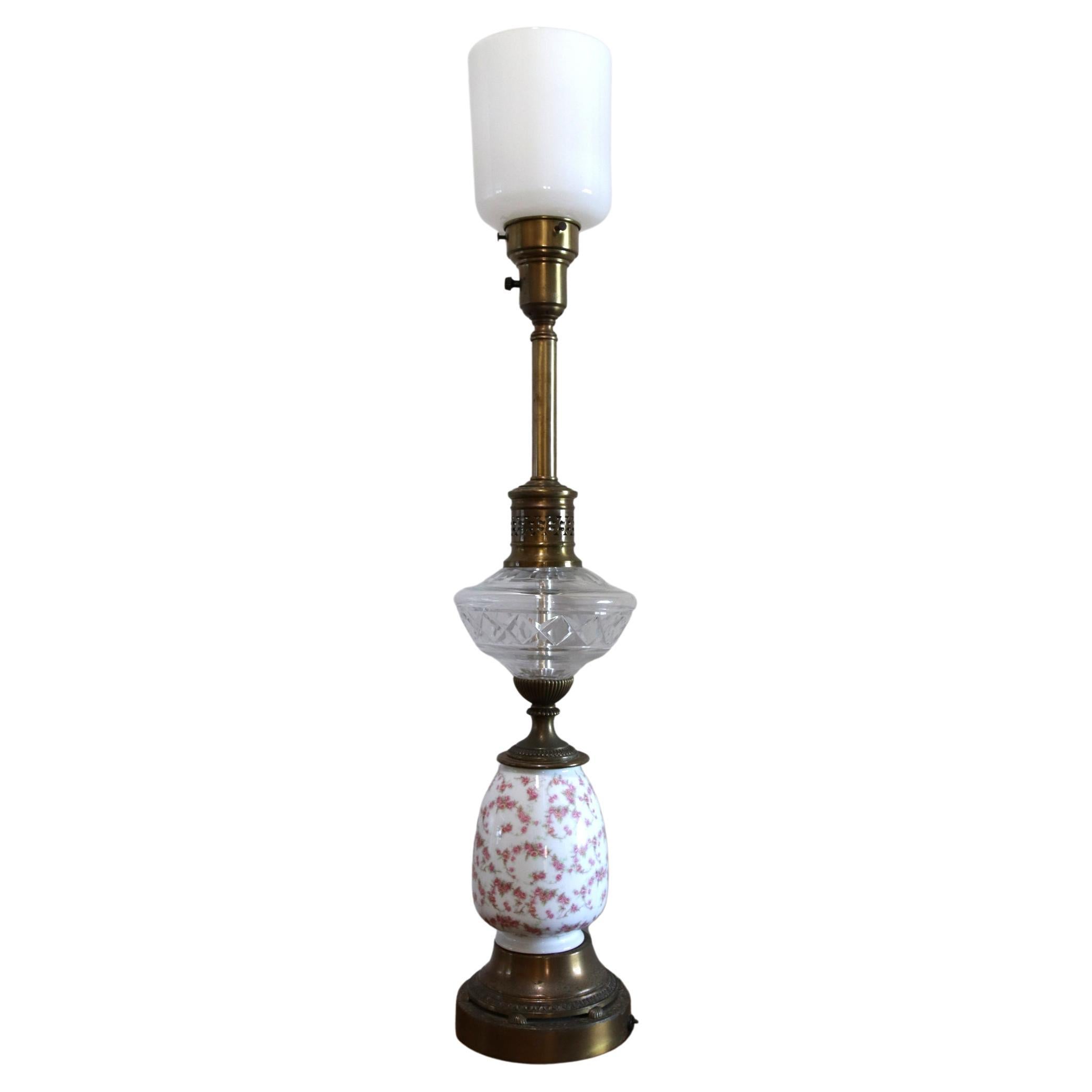 English Victorian Glass Porcelain Hand-Painted Roses Statement Brass Lamp For Sale