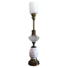 English Victorian Glass Porcelain Hand-Painted Roses Statement Brass Lamp