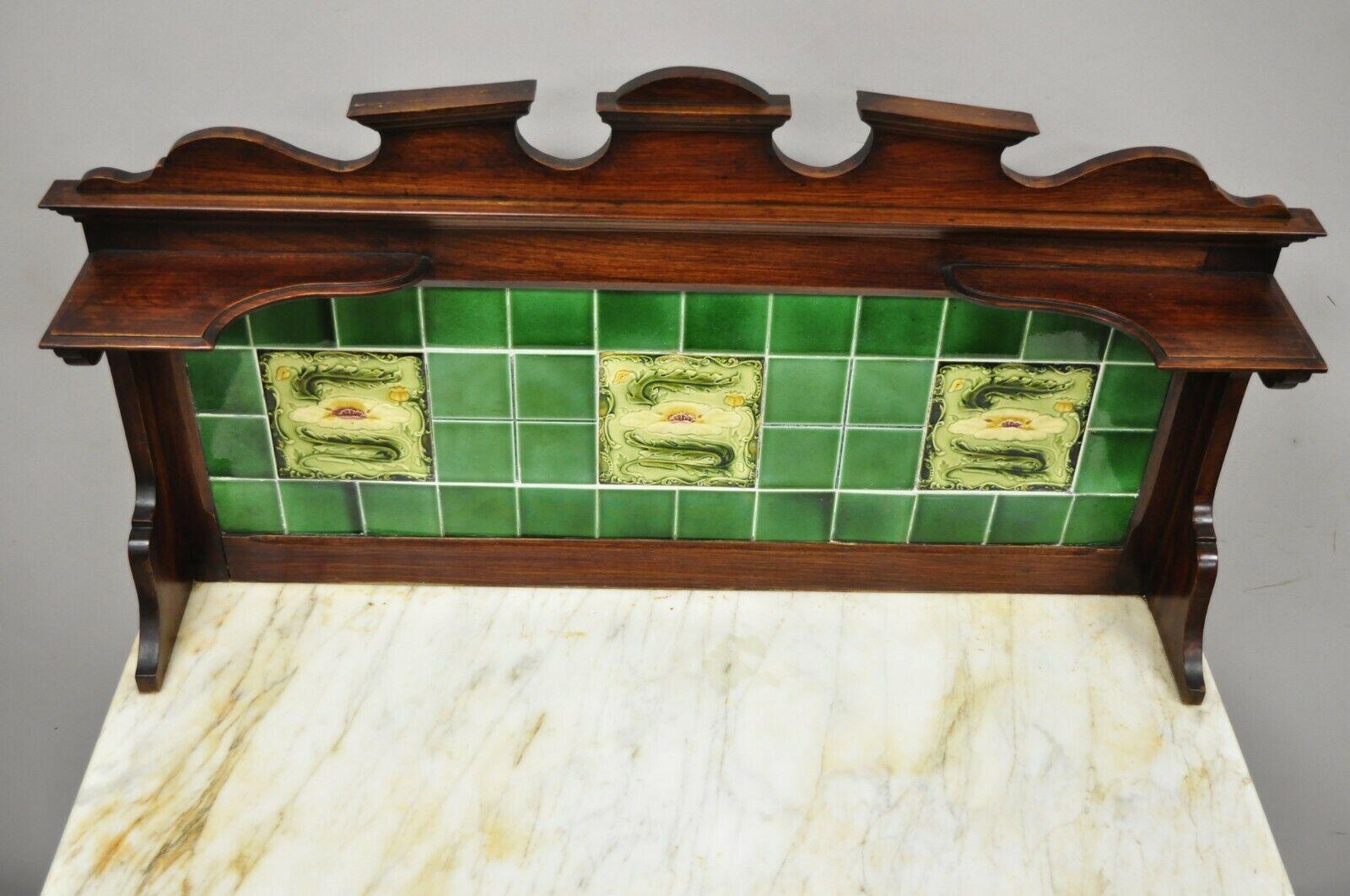 English Victorian Green Ceramic Tile Backsplash Marble Top Washstand Commode 4