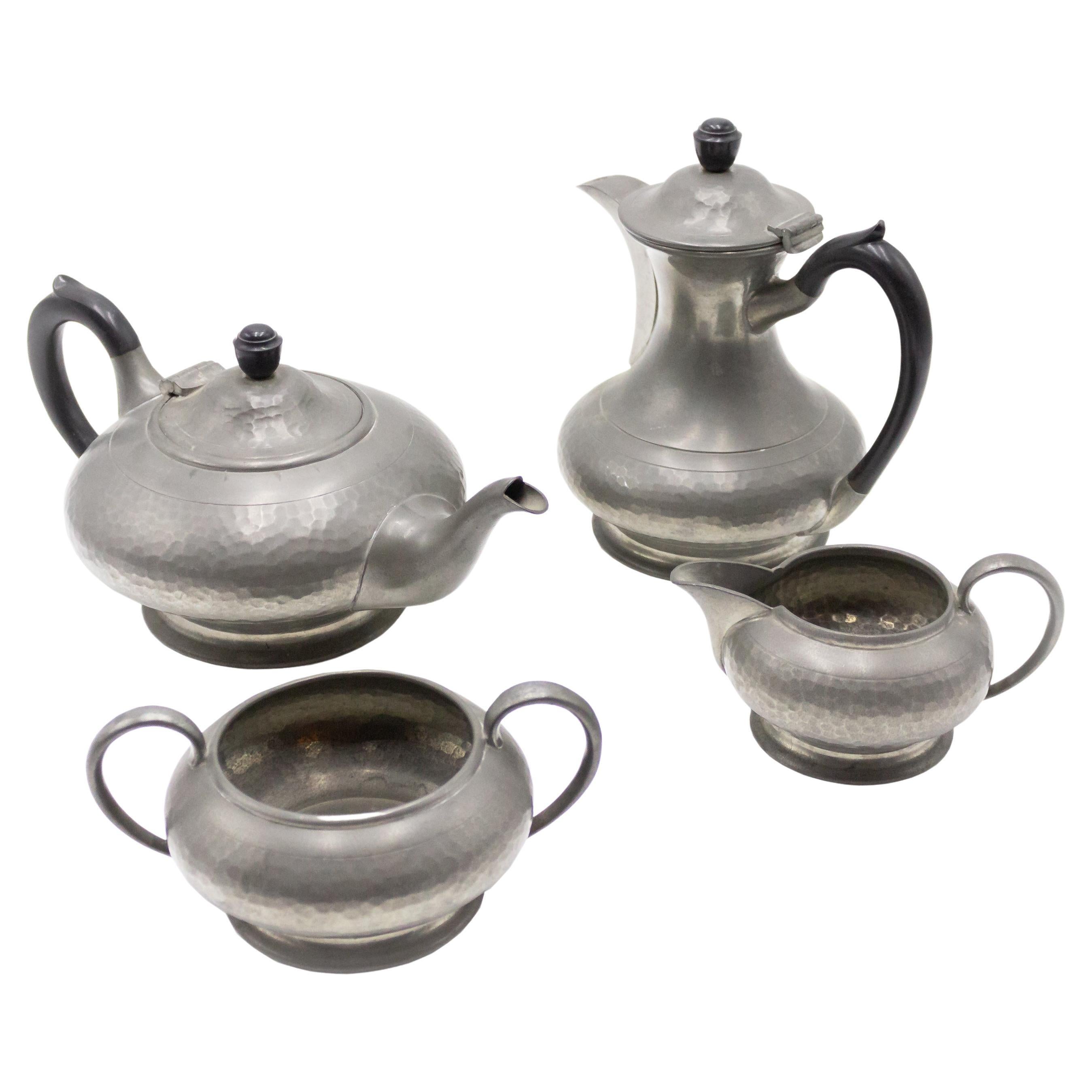 English Victorian Hammered Pewter Tea Set, Four Pieces For Sale