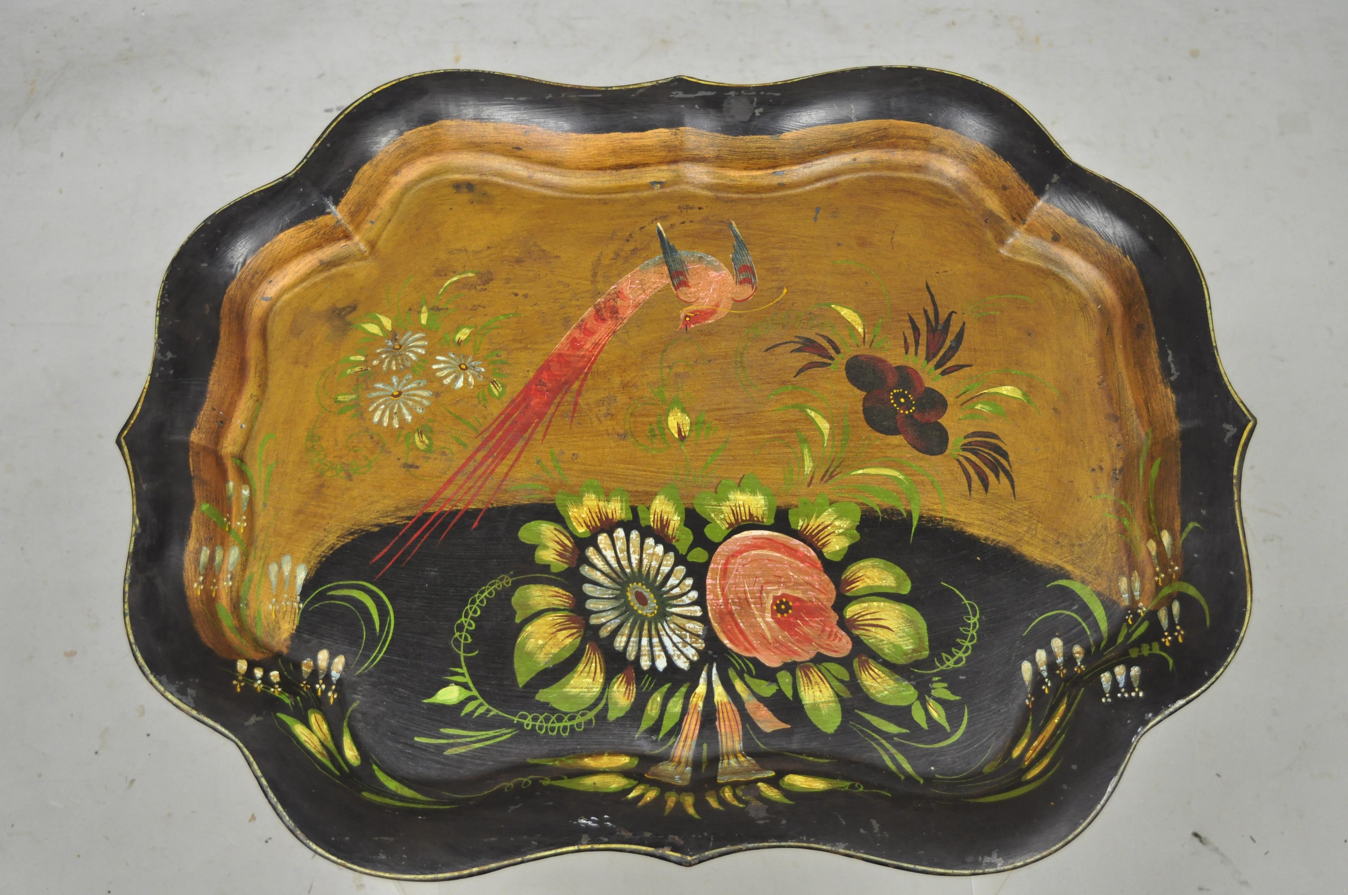 English Victorian hand painted birds flowers scalloped tole metal toleware tray. Item features hand painted flowers and birds, very nice antique item, great style and form. Circa early 1900s. Measurements: 1.5