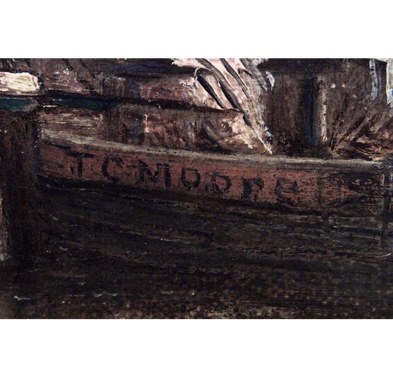 Englisches Ölgemälde im viktorianischen Stil mit Goldrahmen, das einen Hafen und eine Bootswerft zeigt.