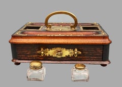 English Victorian Hardwood Brass Mounted Standish with Single Drawer