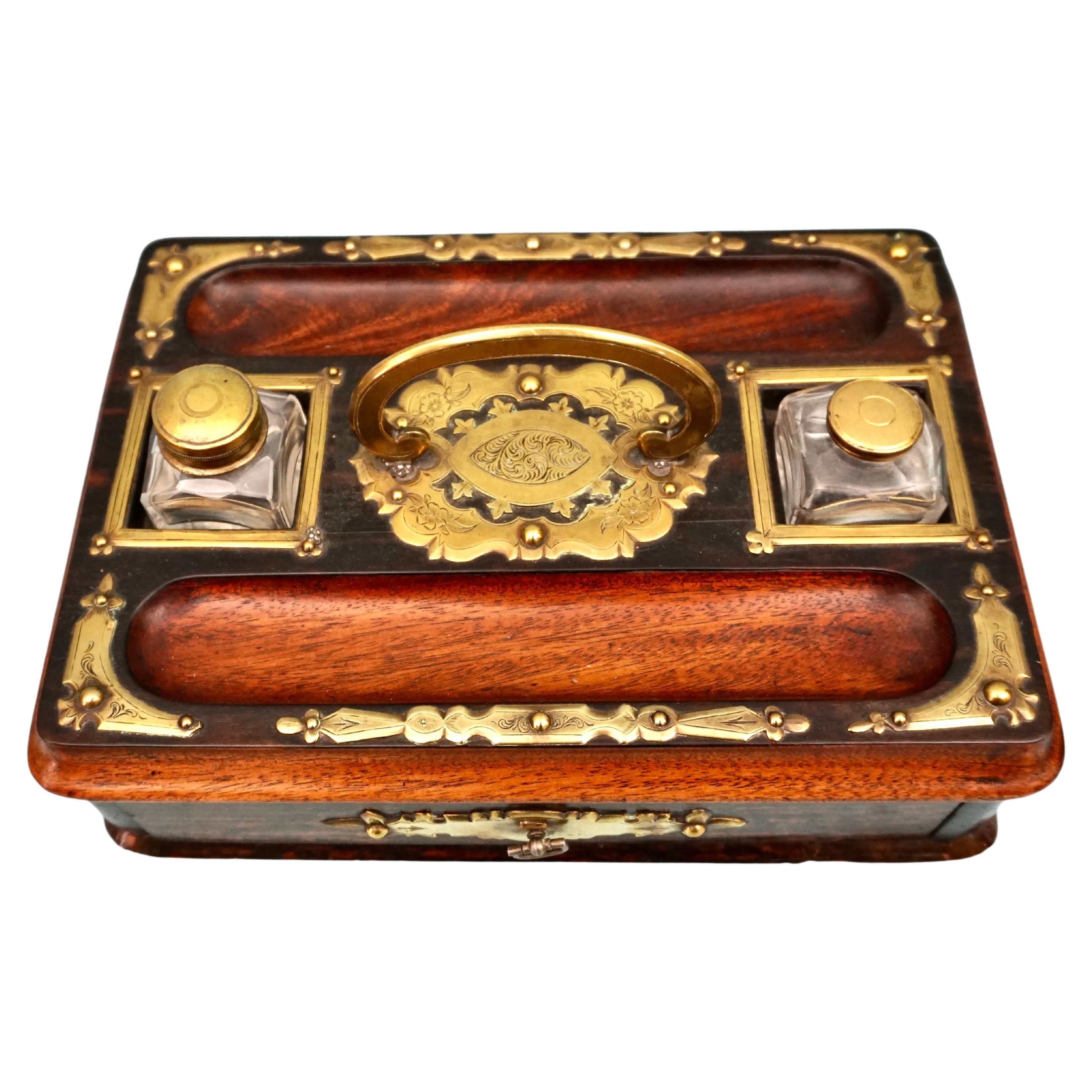 Late 19th Century English Victorian Hardwood Brass Mounted Standish with Single Drawer For Sale