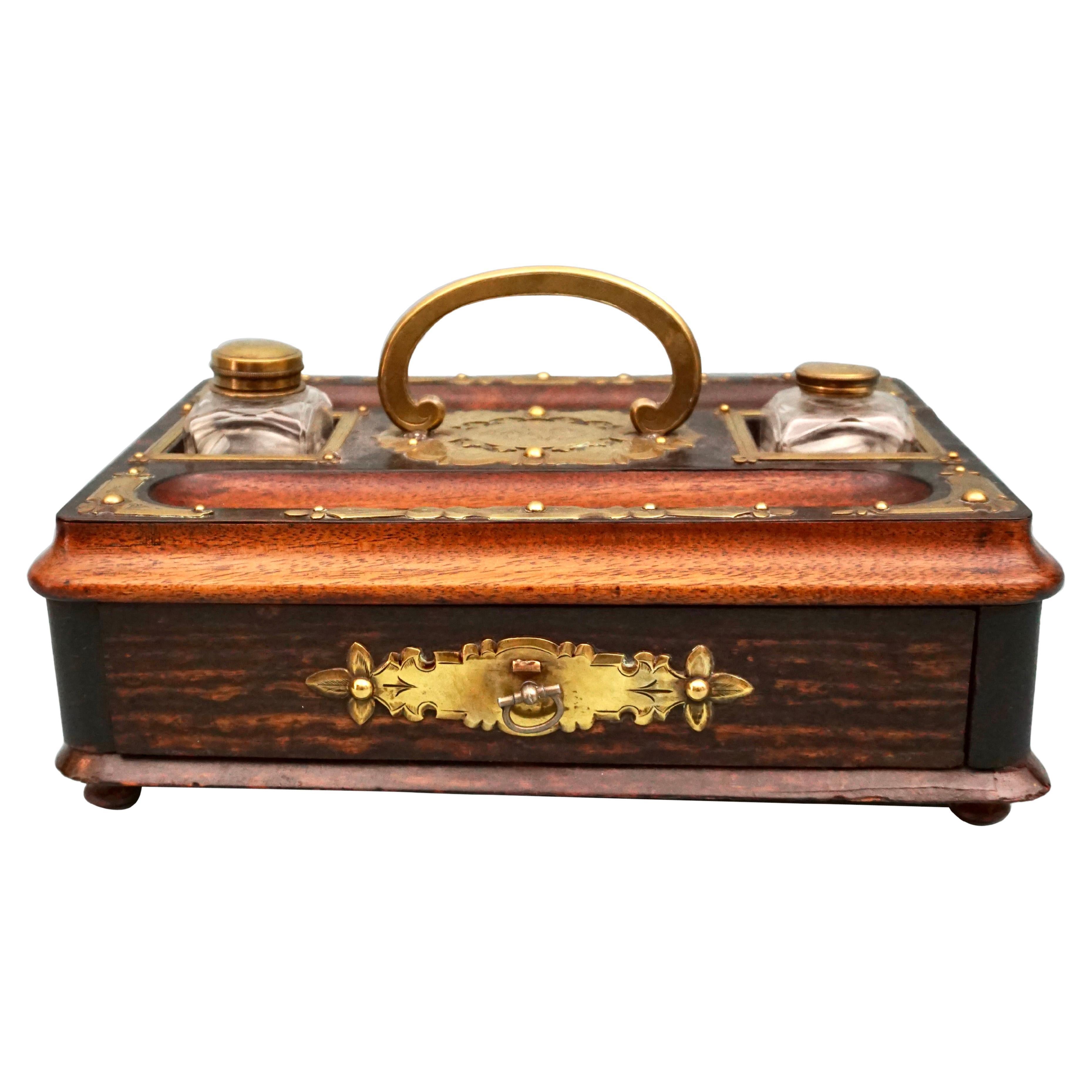 English Victorian Hardwood Brass Mounted Standish with Single Drawer For Sale