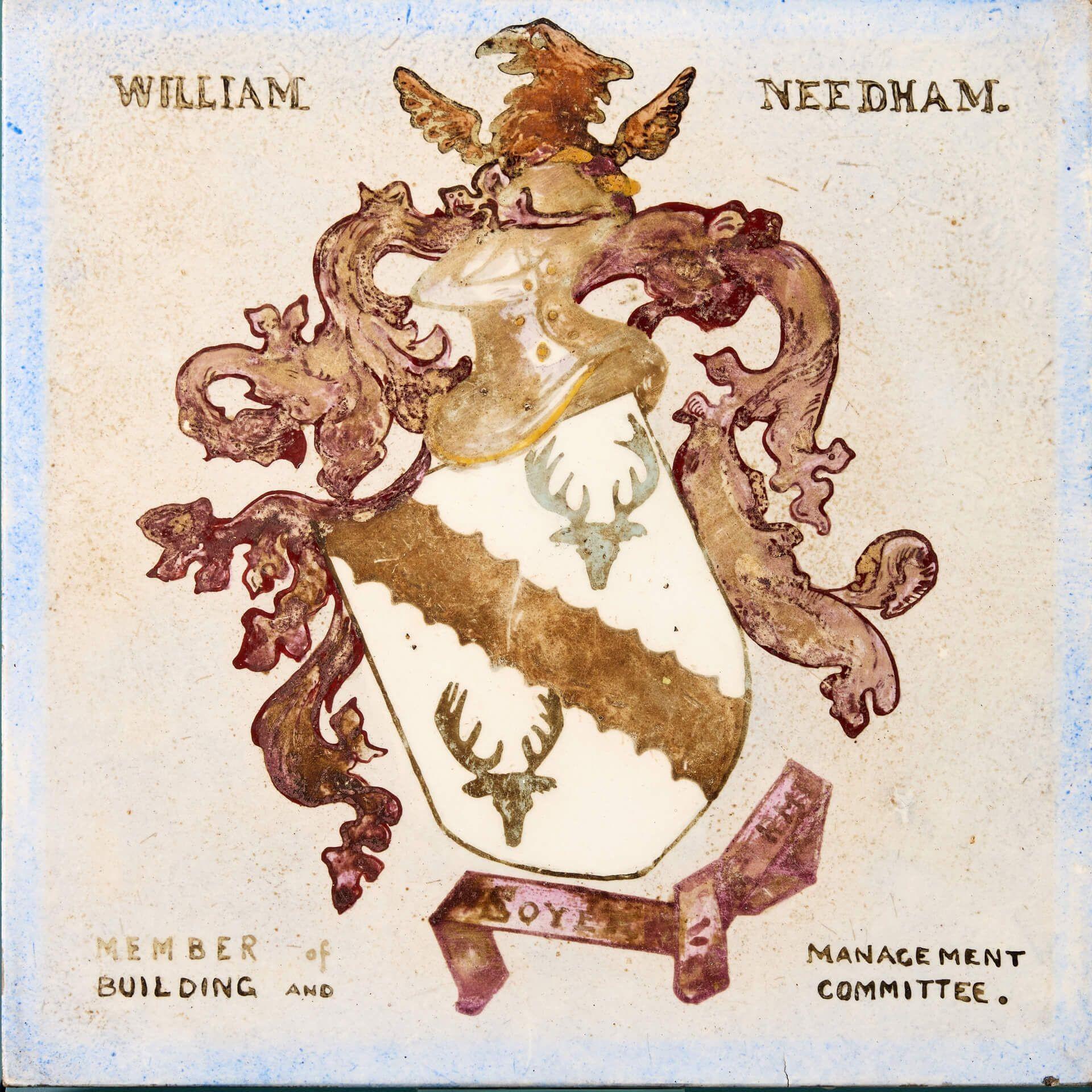 A hand decorated antique English heraldic tile by J. D. Rochfort dating from 1881. This porcelain tile is one of 14 similar we are selling, removed from the now demolished library of the Victorian Brompton Consumption Hospital, London. It depicts