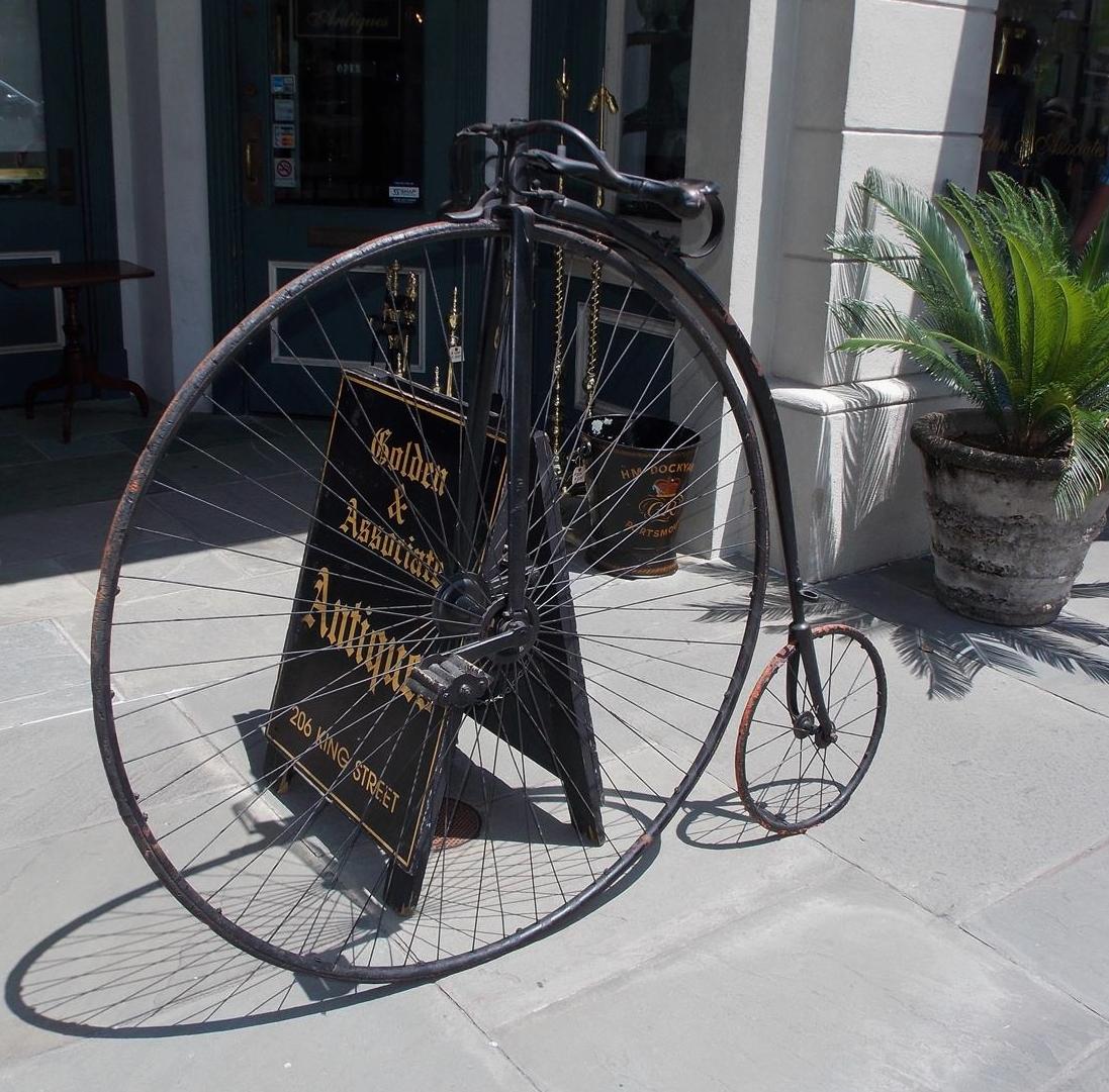 American high wheel / penny-farthing painted steel bicycle, Circa 1870. The high Wheeler with its large front wheel provided high speeds and was able to travel large distances for every rotation of the legs. The large wheel also provided greater