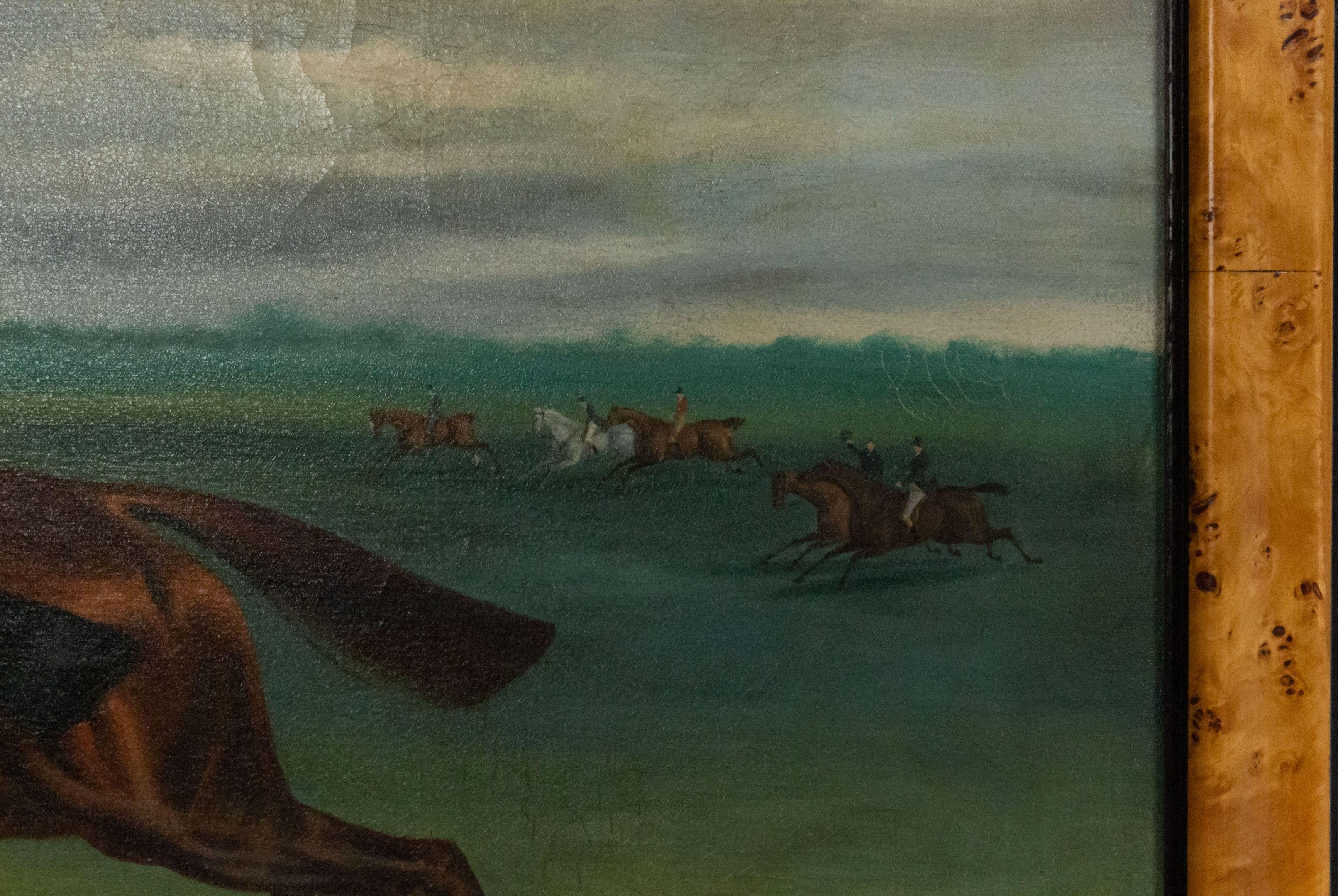 Oiled English Victorian Horse and Jockeys Painting Framed