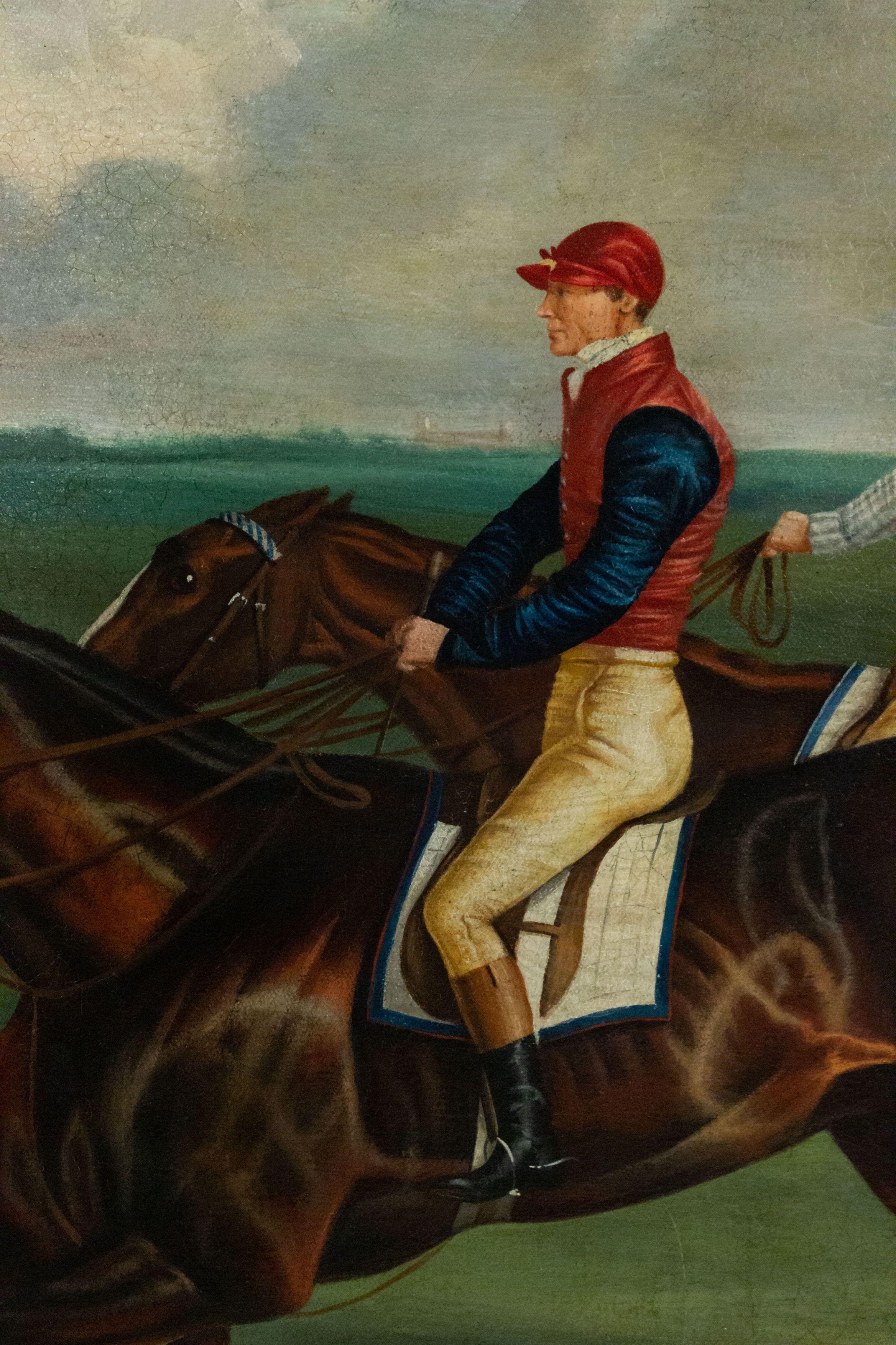 Walnut English Victorian Horse and Jockeys Painting Framed