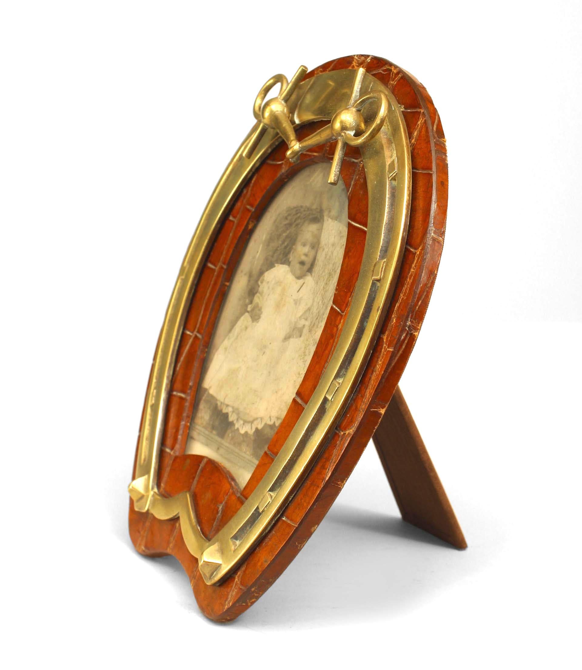 English Victorian (19/20th Century) crocodile and metal trimmed horseshoe shaped easel picture frame
