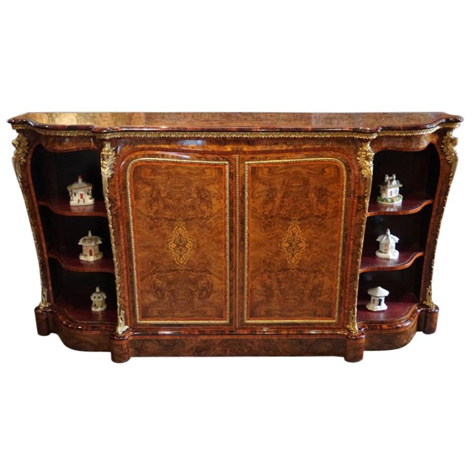 English Victorian Inlaid Burl Walnut Side Cabinet Credenza, circa 1870 For Sale