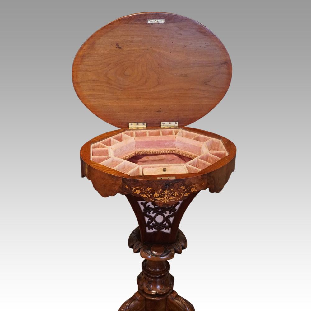 English Victorian Inlaid Walnut Oval Workbox, circa 1870 For Sale 3