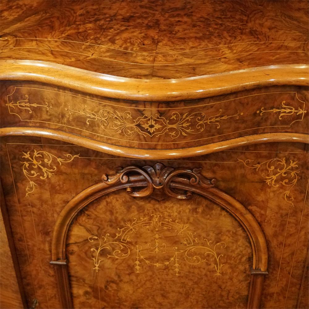 Victorian inlaid walnut side cabinet
This Victorian inlaid walnut side cabinet was made circa 1870. It is rare to have a walnut inlaid top as usually this type of cabinet has a marble top and mirror to the central door. This version is not only