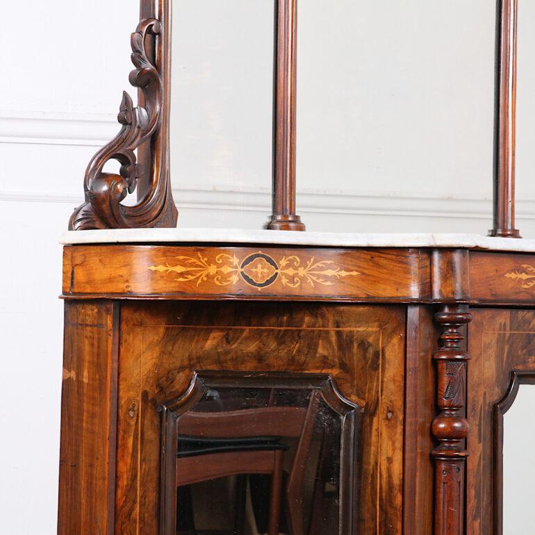 Marble English Victorian Inlaid Walnut Side Cabinet