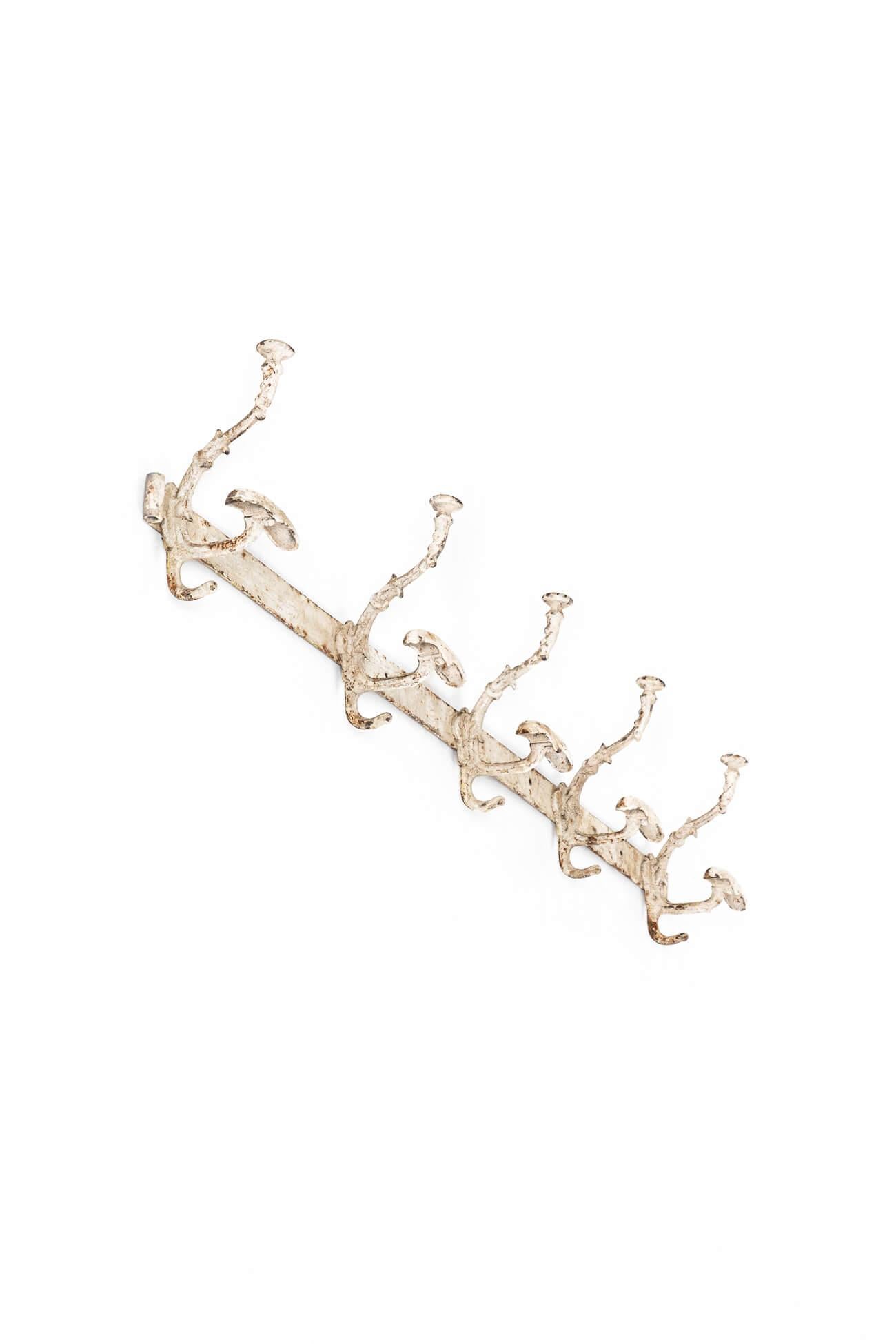 An charming run of late Victorian iron hooks with an arrangement of five shapely hooks along a back support.

The hooks are particularly interesting as they resemble imitation branch stems in the manner of faux bois. Each hook has three separate