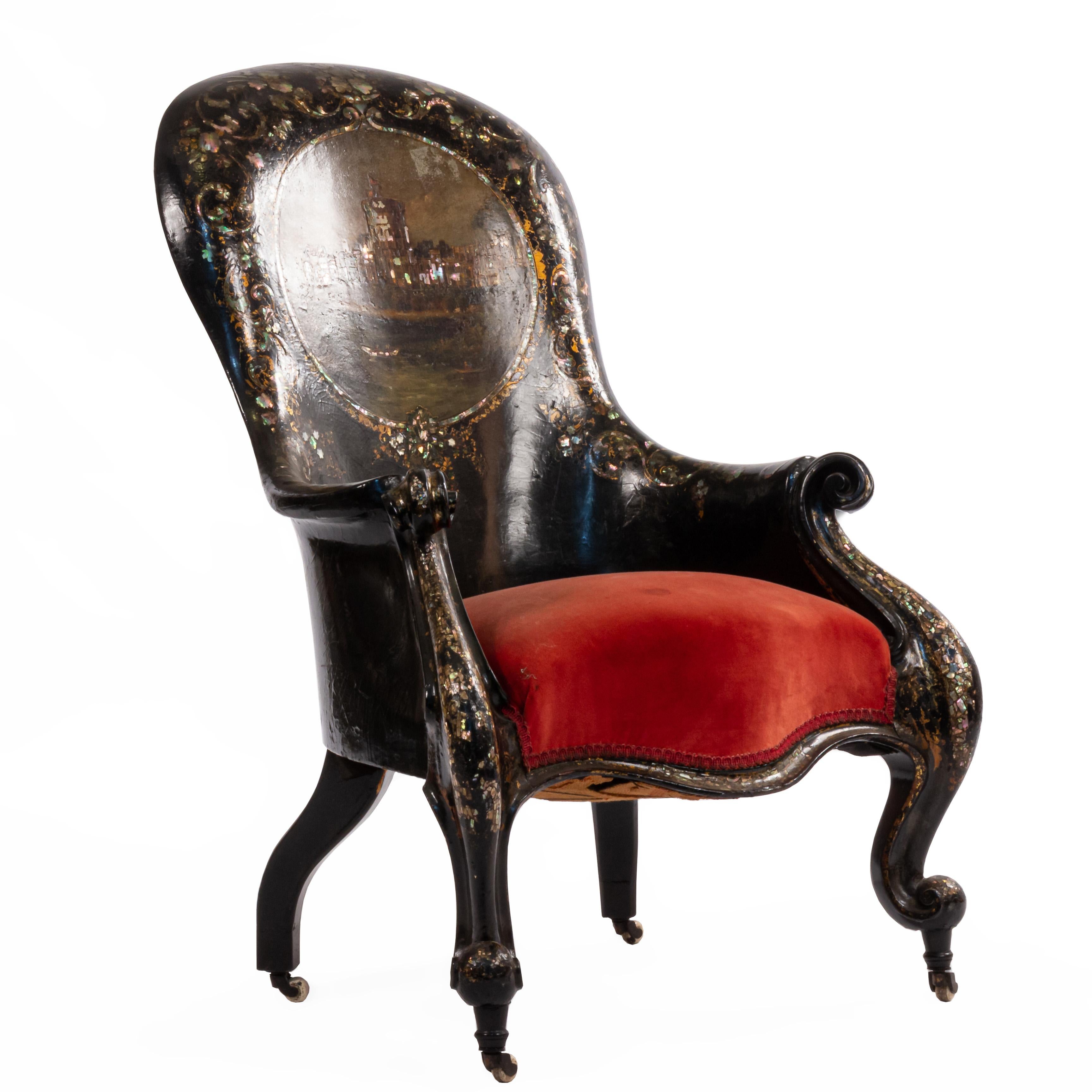 Inlay English Victorian Lacquered Bergere Arm Chair For Sale