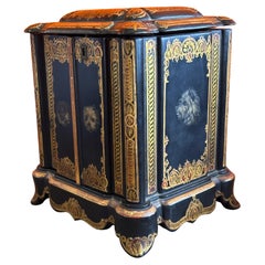 Antique English Victorian Lacquered Jewelry Cabinet with Hand-Painted Dogs, 1870–1895